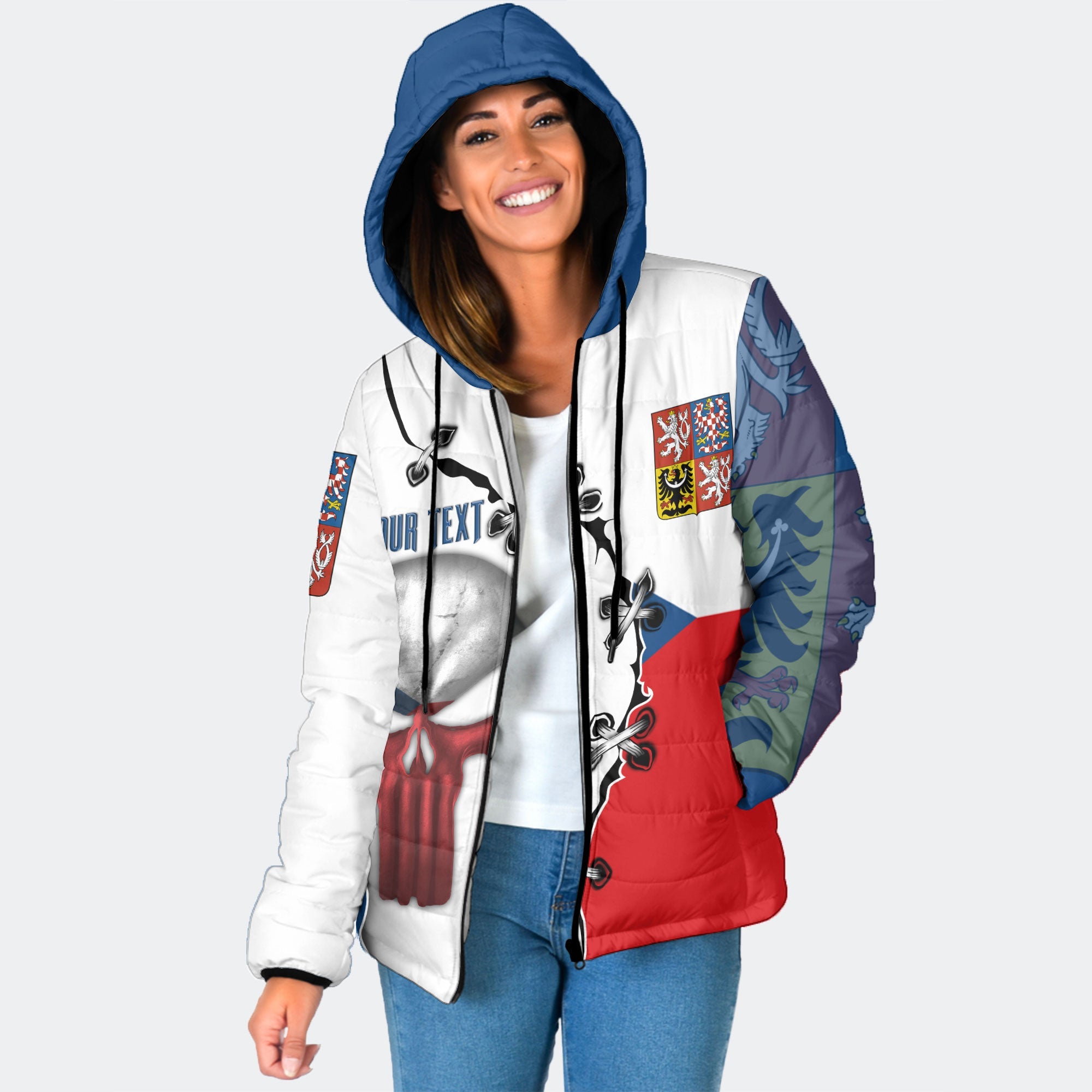 Czech Republic Women Hooded Padded Jacket Flag & Coat Of Arms Skull Style