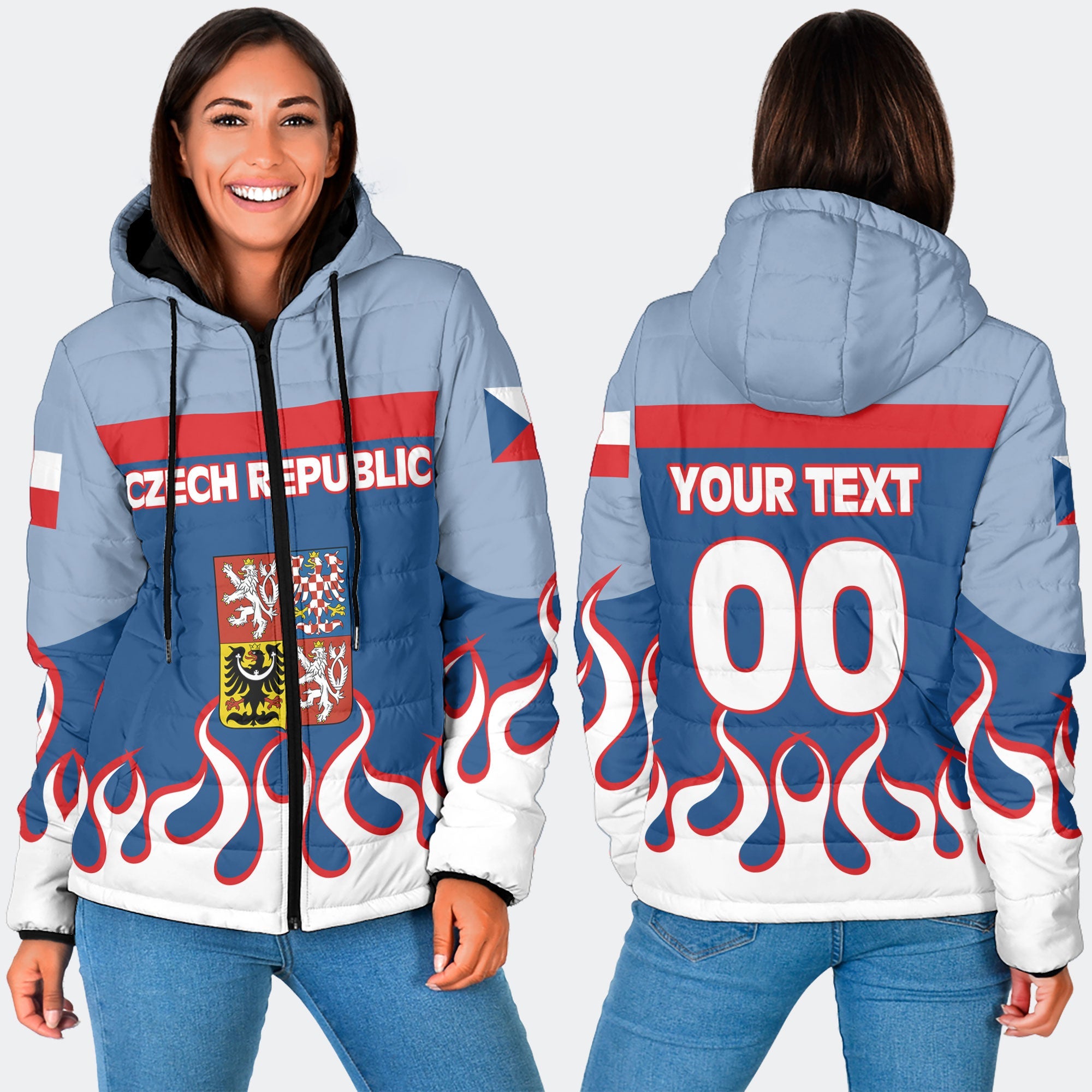 Czech Republic Women Hooded Padded Jacket Flag & Coat Of Arms Fire Hockey Style