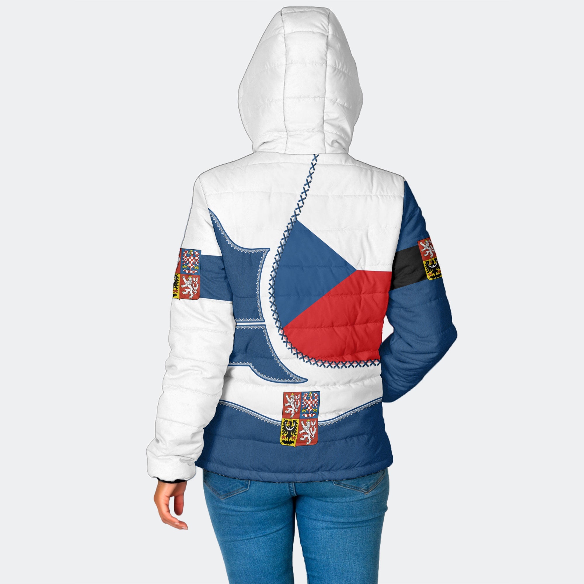 Czech Republic Women Hooded Padded Jacket Flag & Coat Of Arms Leather Style