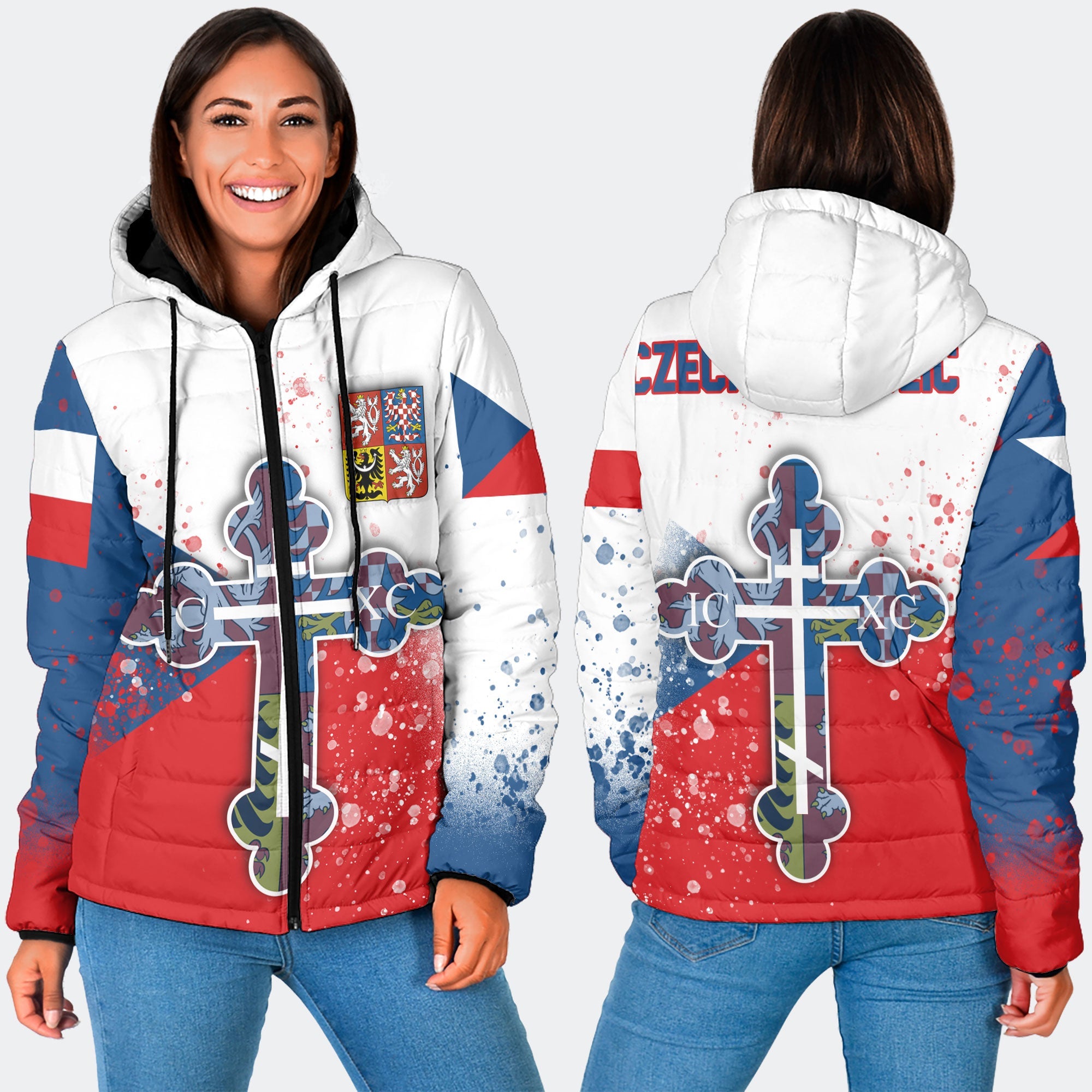 Czech Republic Women Hooded Padded Jacket Flag & Coat Of Arms Orthodox Style