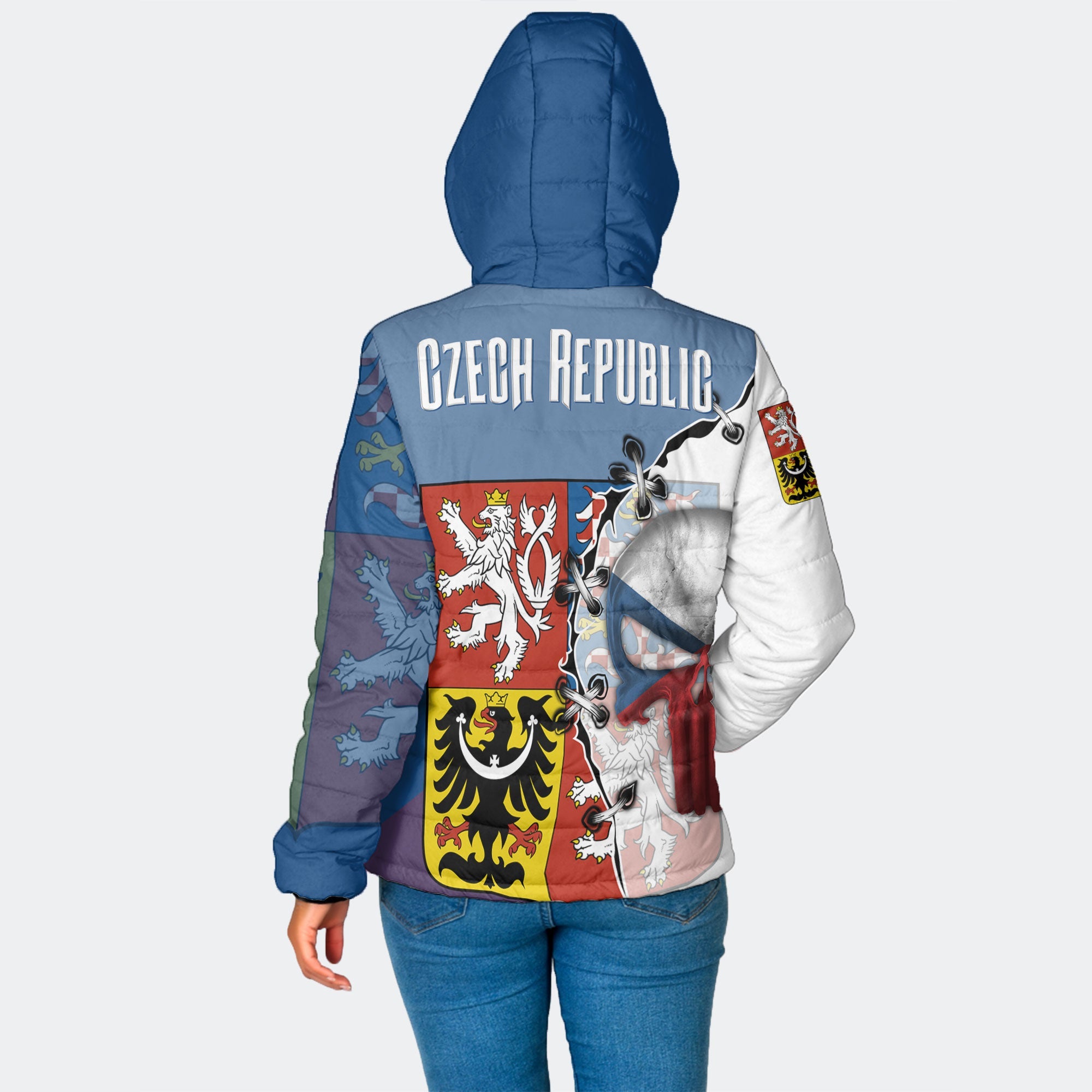 Czech Republic Women Hooded Padded Jacket Flag & Coat Of Arms Skull Style