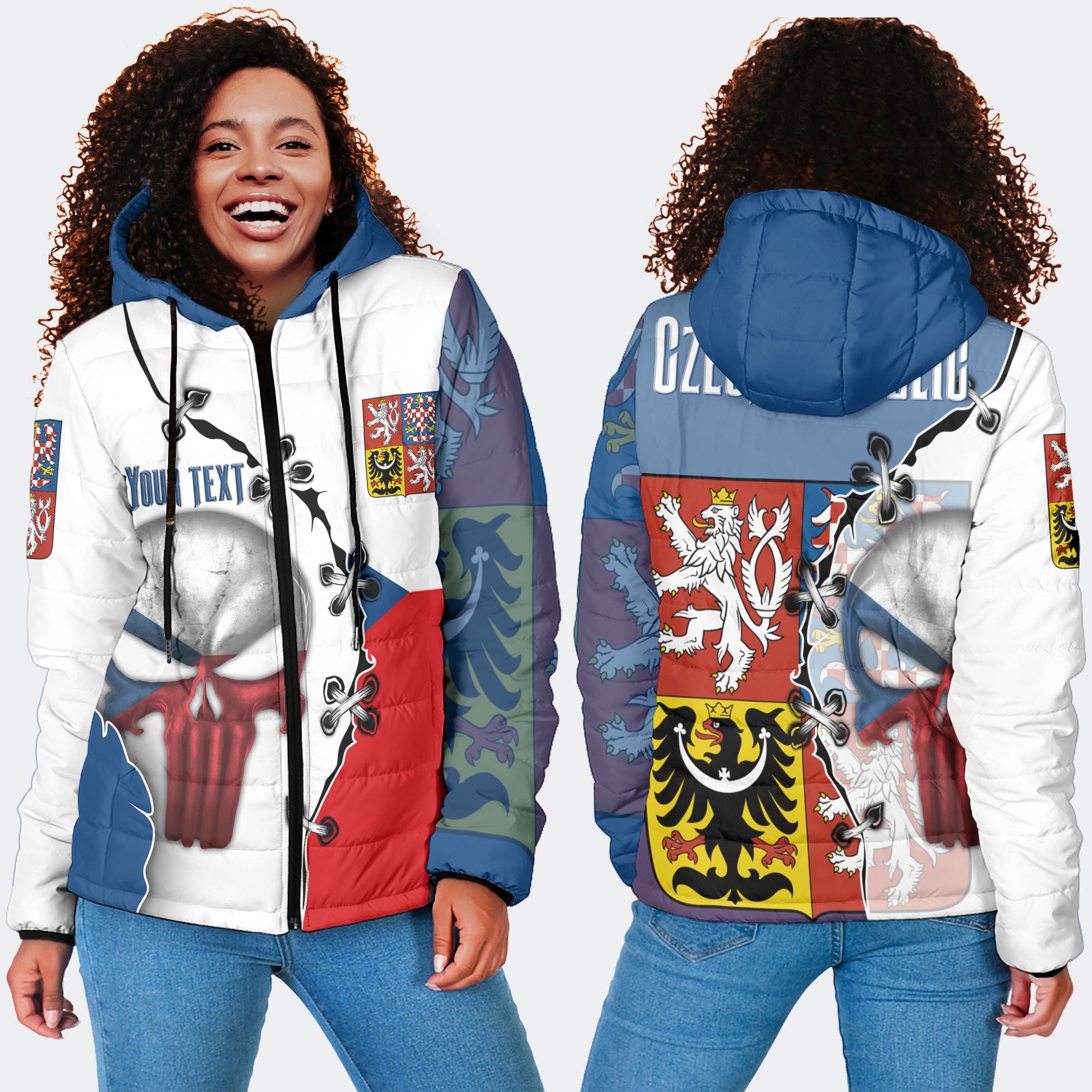 Czech Republic Women Hooded Padded Jacket Flag & Coat Of Arms Skull Style