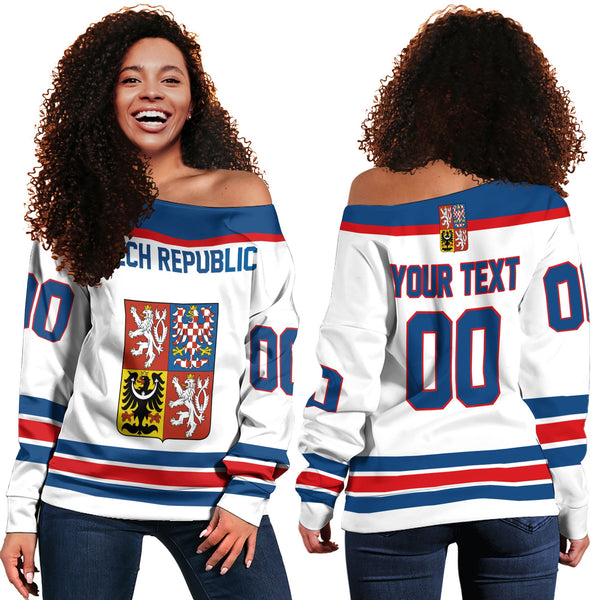 Czech Republic Women Off Shoulder Sweatshirt Flag & Coat Of Arms Hockey Style