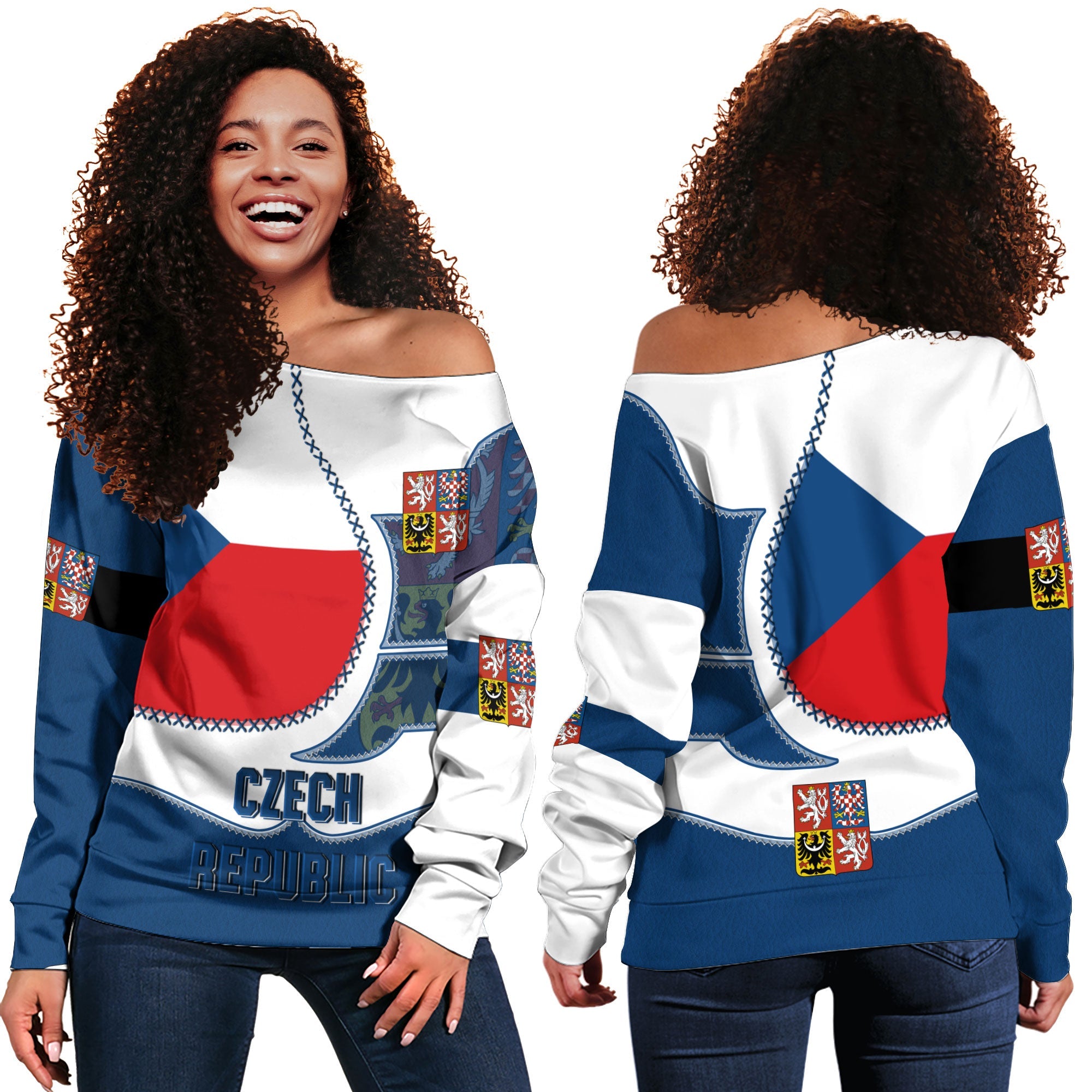 Czech Republic Women Off Shoulder Sweatshirt Flag & Coat Of Arms Leather Style