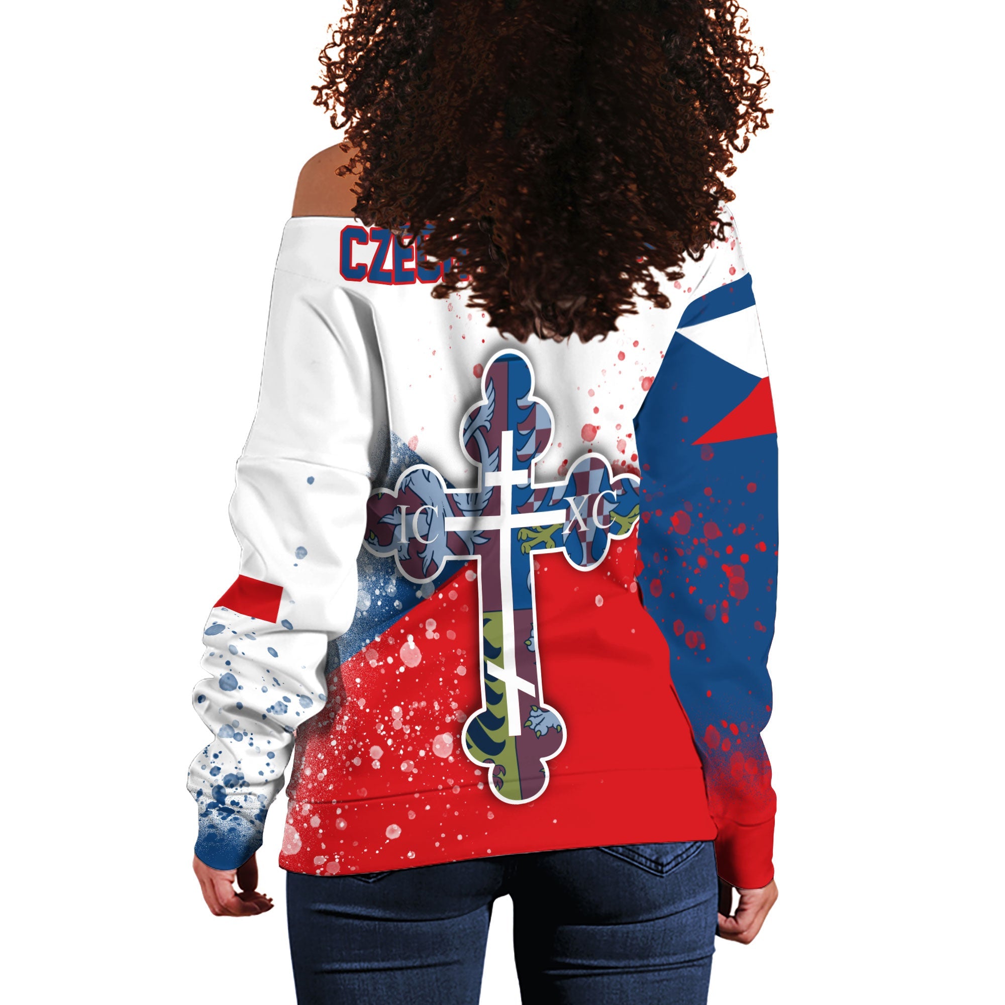 Czech Republic Women Off Shoulder Sweatshirt Flag & Coat Of Arms Orthodox Style