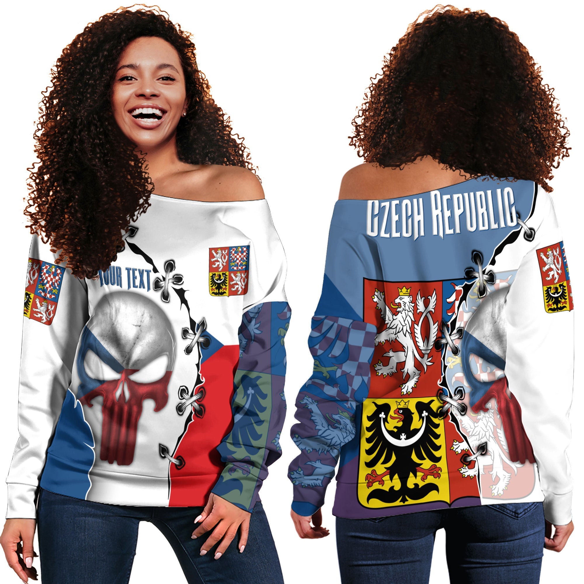 Czech Republic Women Off Shoulder Sweatshirt Flag & Coat Of Arms Skull Style