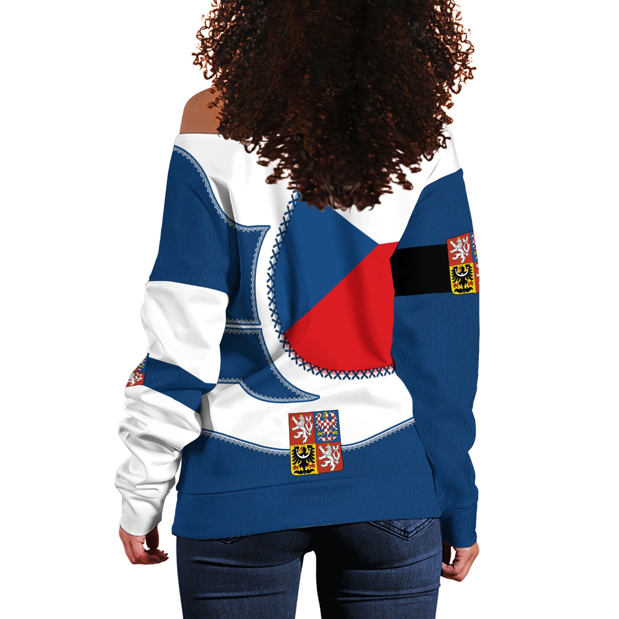 Czech Republic Women Off Shoulder Sweatshirt Flag & Coat Of Arms Leather Style