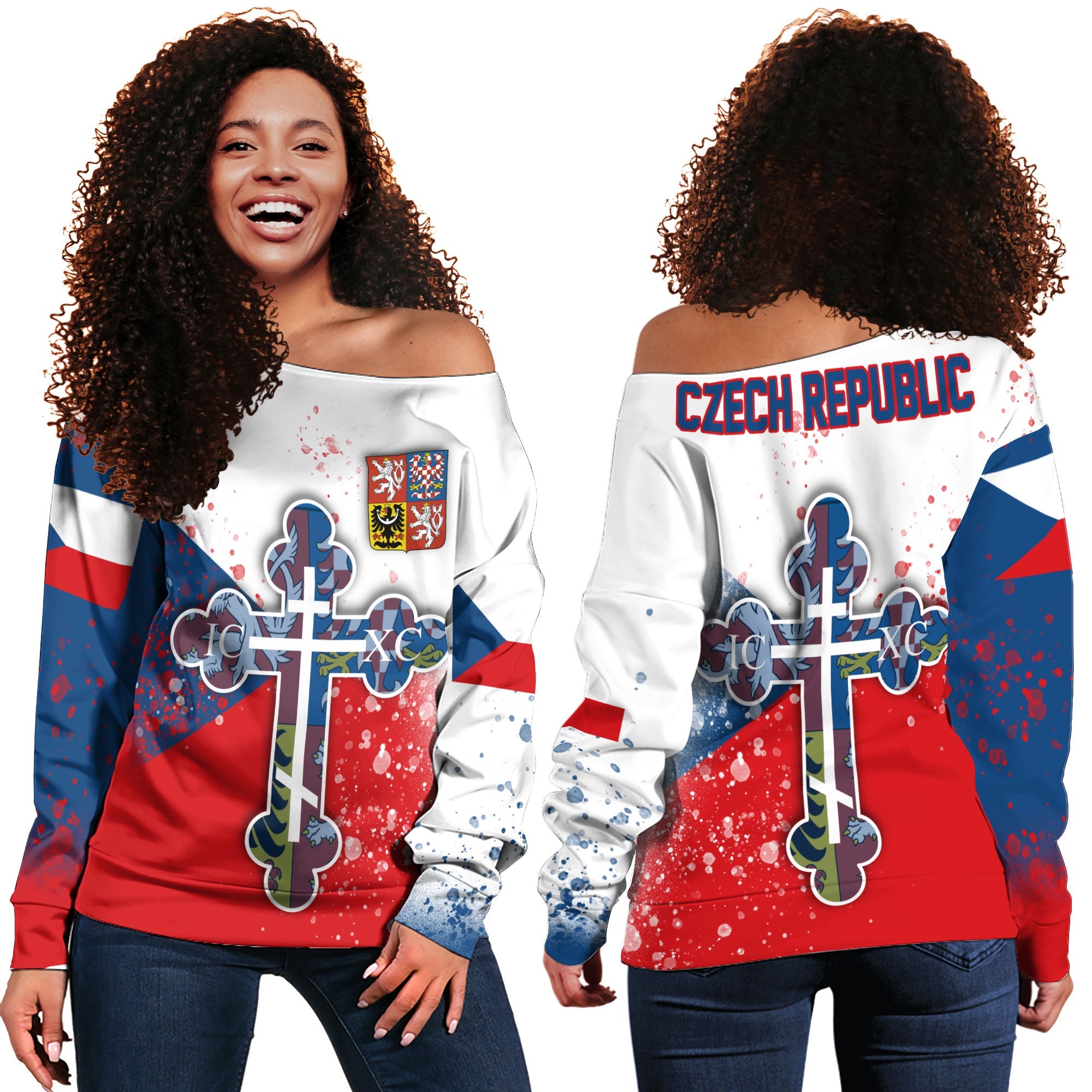 Czech Republic Women Off Shoulder Sweatshirt Flag & Coat Of Arms Orthodox Style