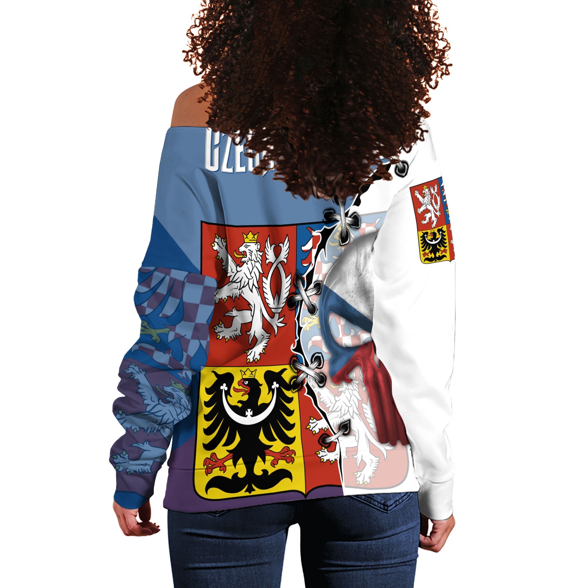 Czech Republic Women Off Shoulder Sweatshirt Flag & Coat Of Arms Skull Style