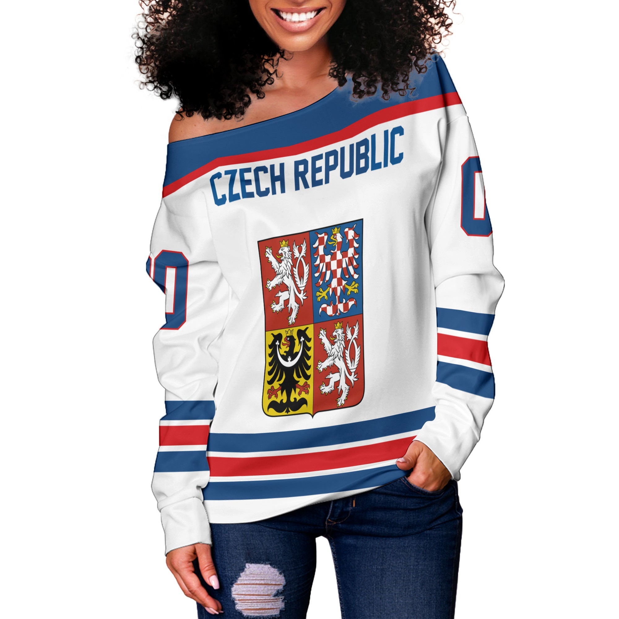 Czech Republic Women Off Shoulder Sweatshirt Flag & Coat Of Arms Hockey Style