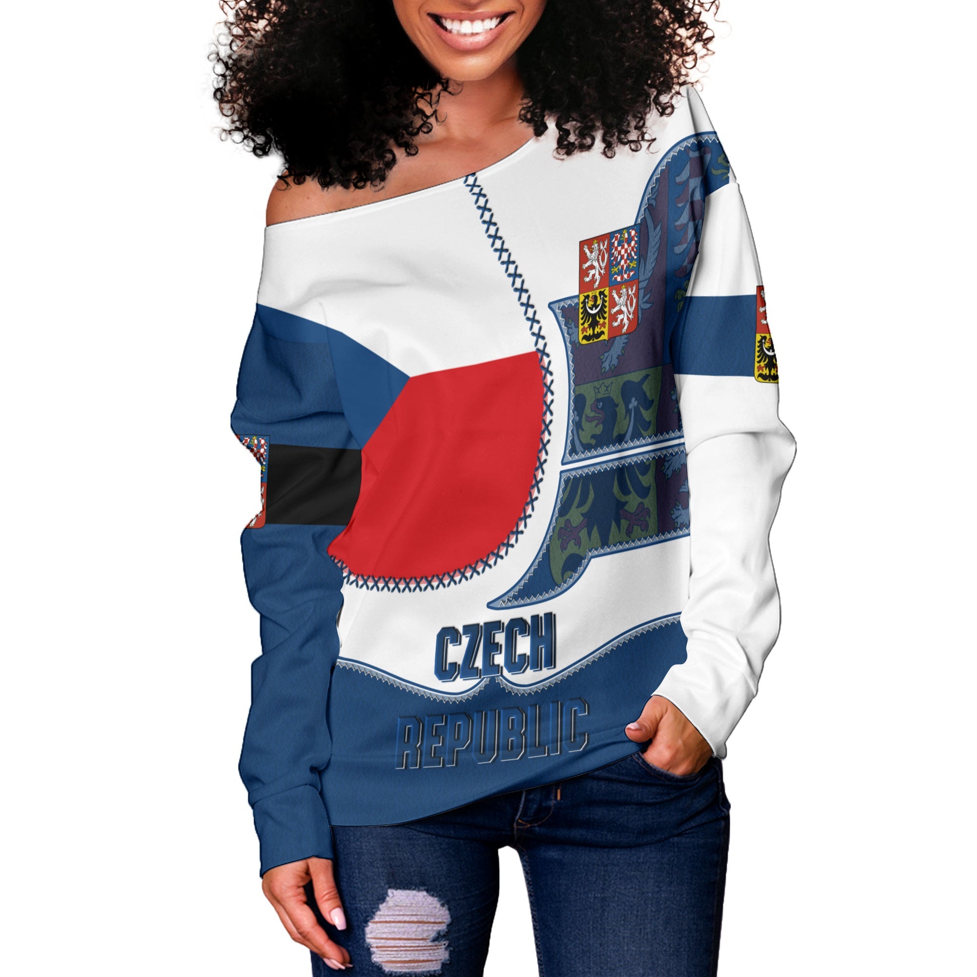 Czech Republic Women Off Shoulder Sweatshirt Flag & Coat Of Arms Leather Style