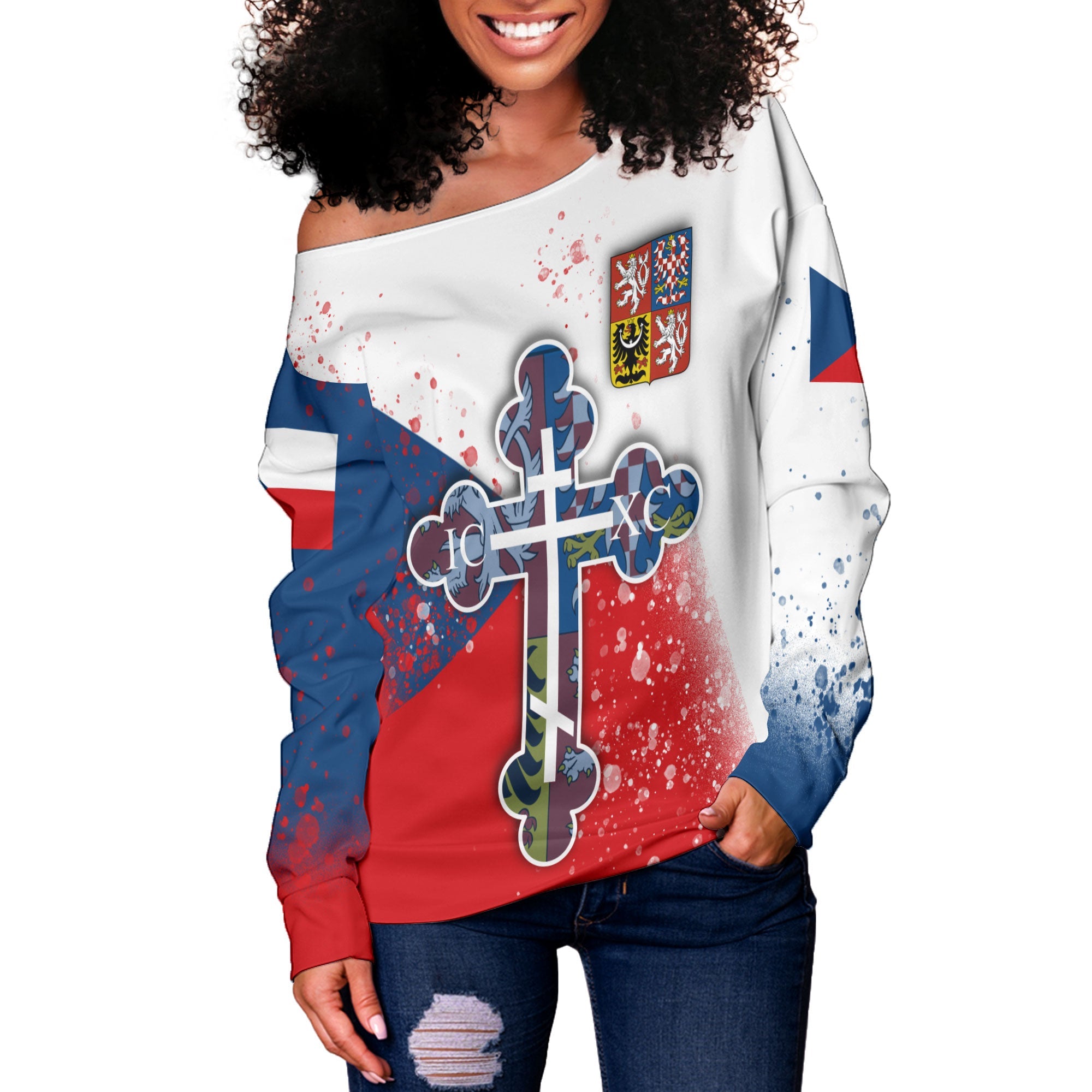 Czech Republic Women Off Shoulder Sweatshirt Flag & Coat Of Arms Orthodox Style