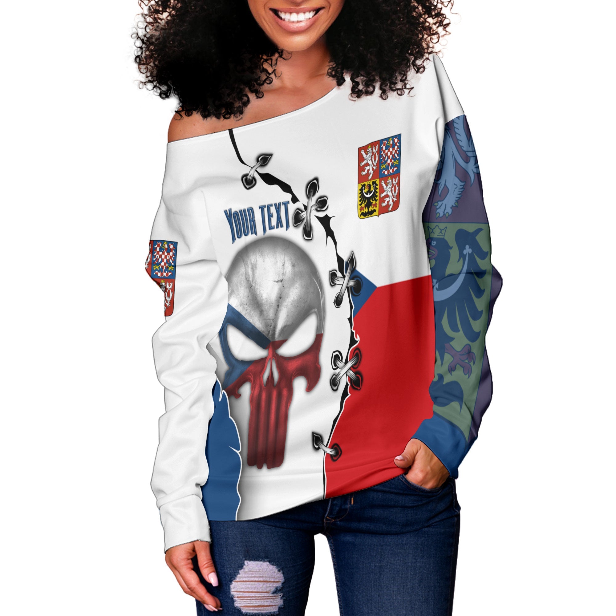 Czech Republic Women Off Shoulder Sweatshirt Flag & Coat Of Arms Skull Style