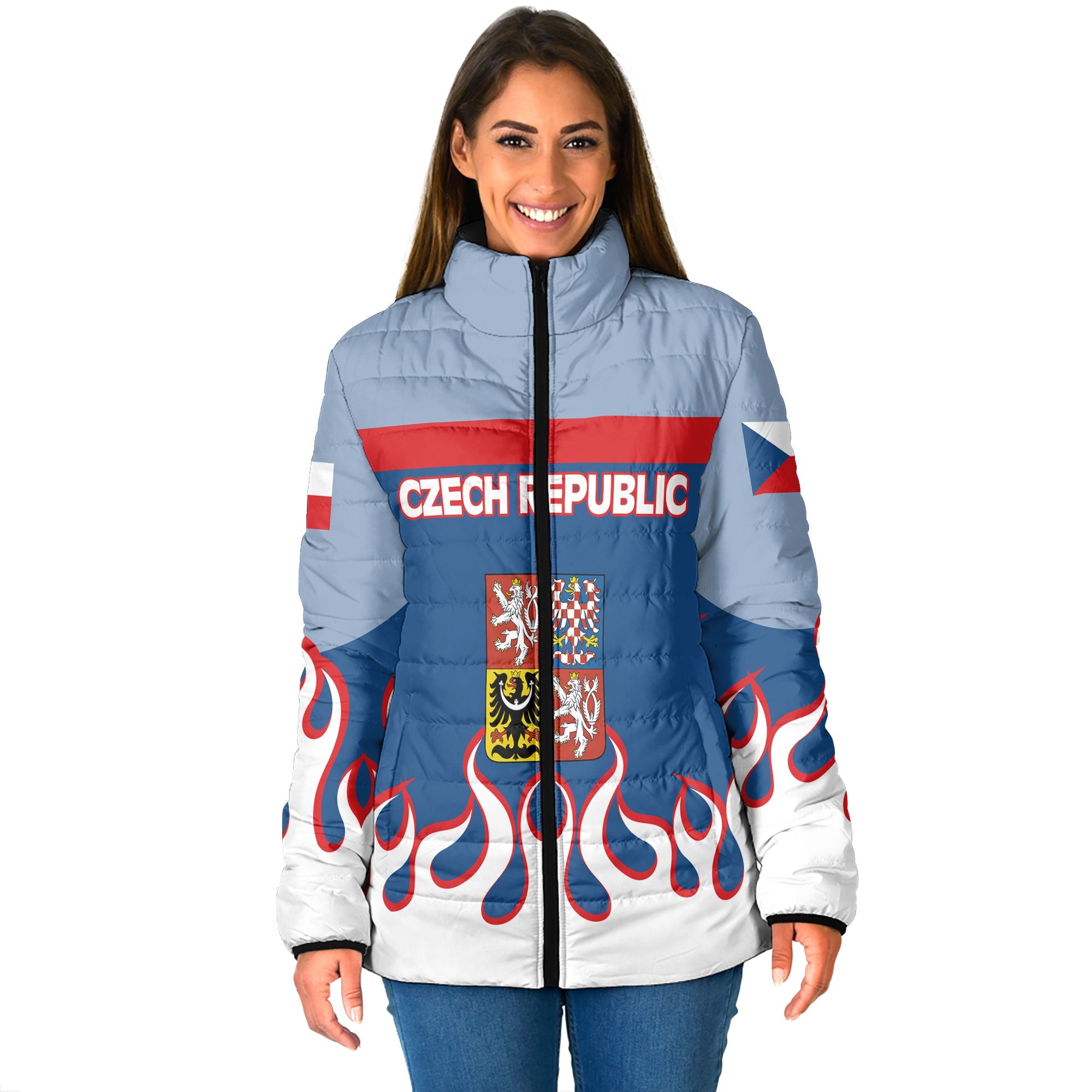 Czech Republic Women Padded Jacket Flag & Coat Of Arms Fire Hockey Style