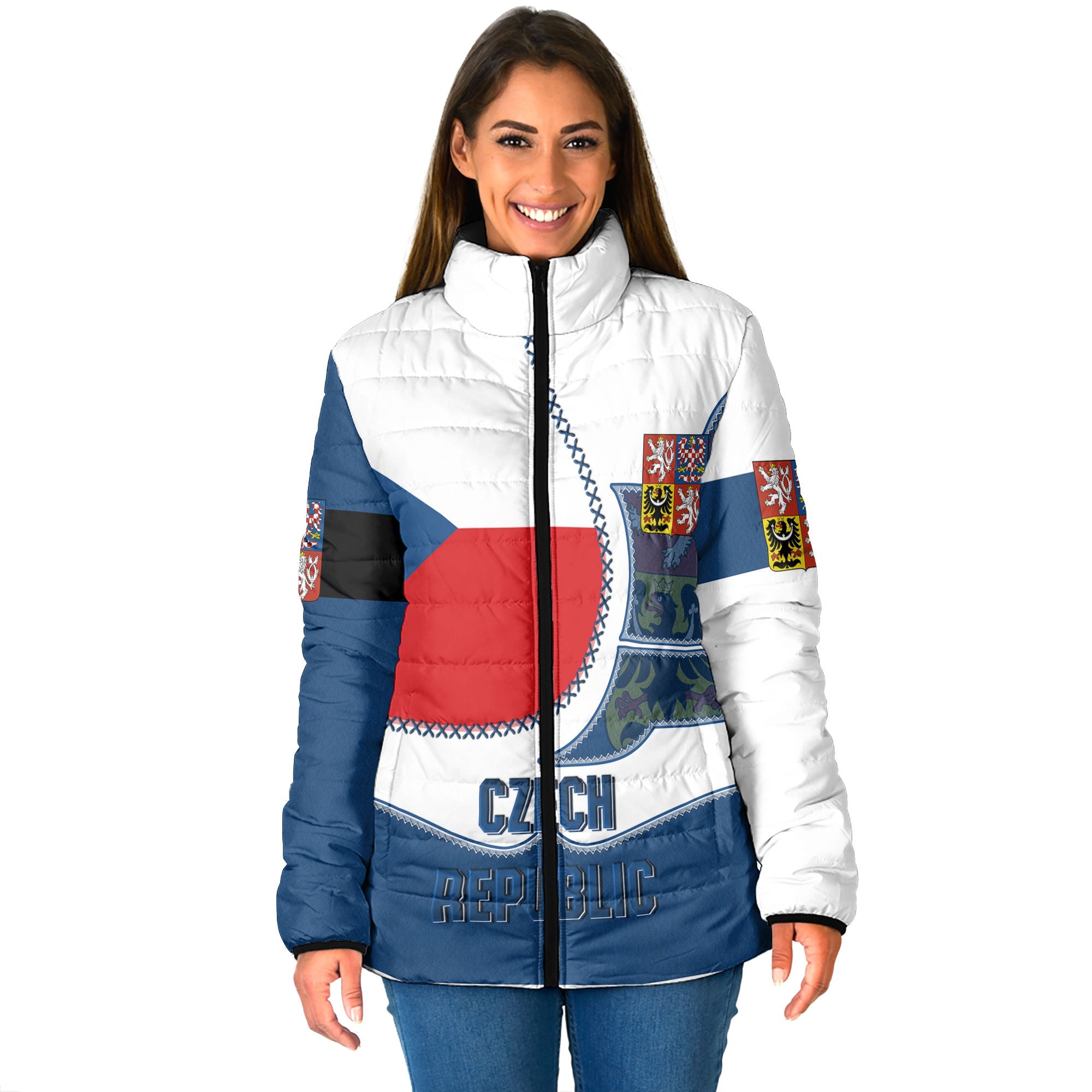 Czech Republic Women Padded Jacket Flag & Coat Of Arms Leather Style