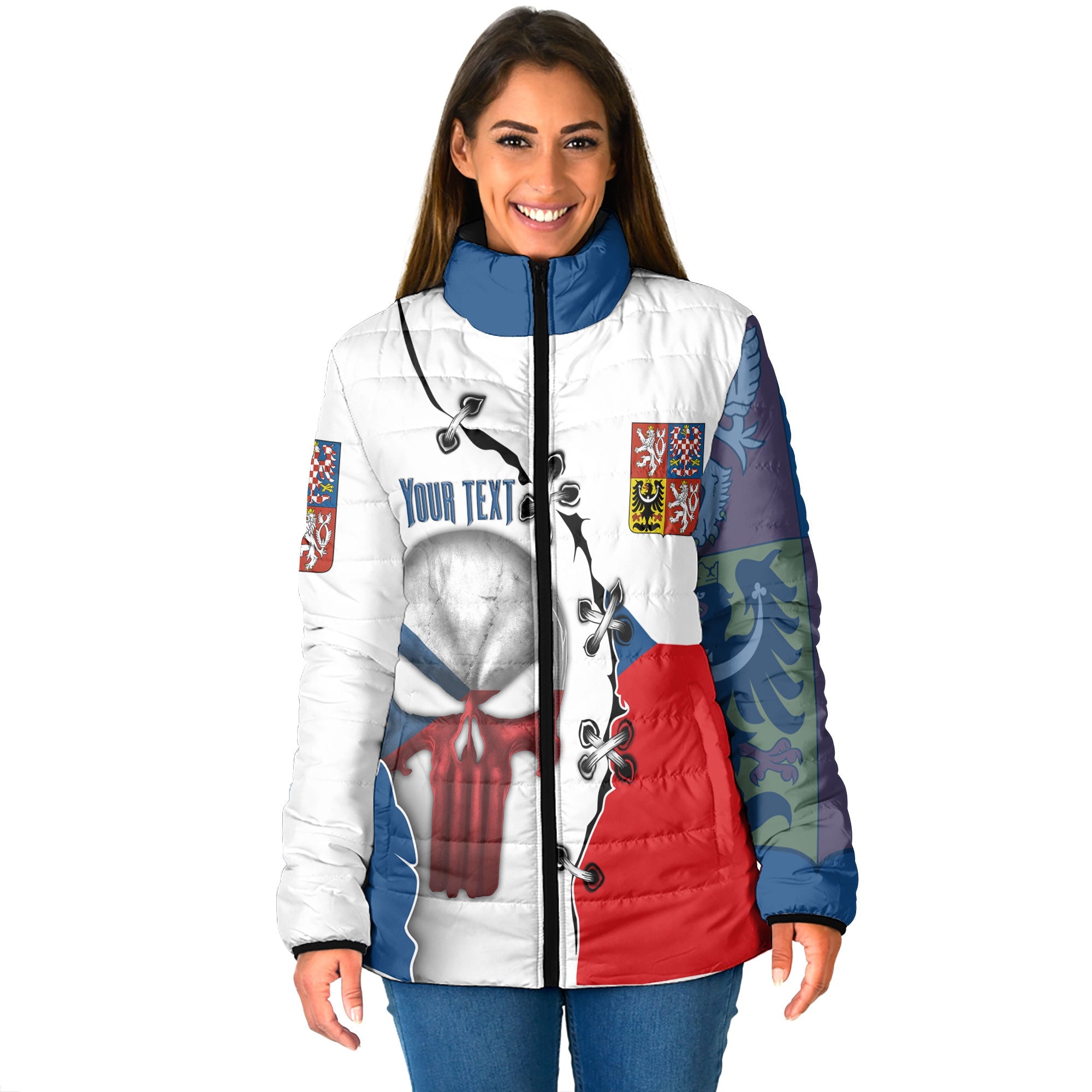 Czech Republic Women Padded Jacket Flag & Coat Of Arms Skull Style