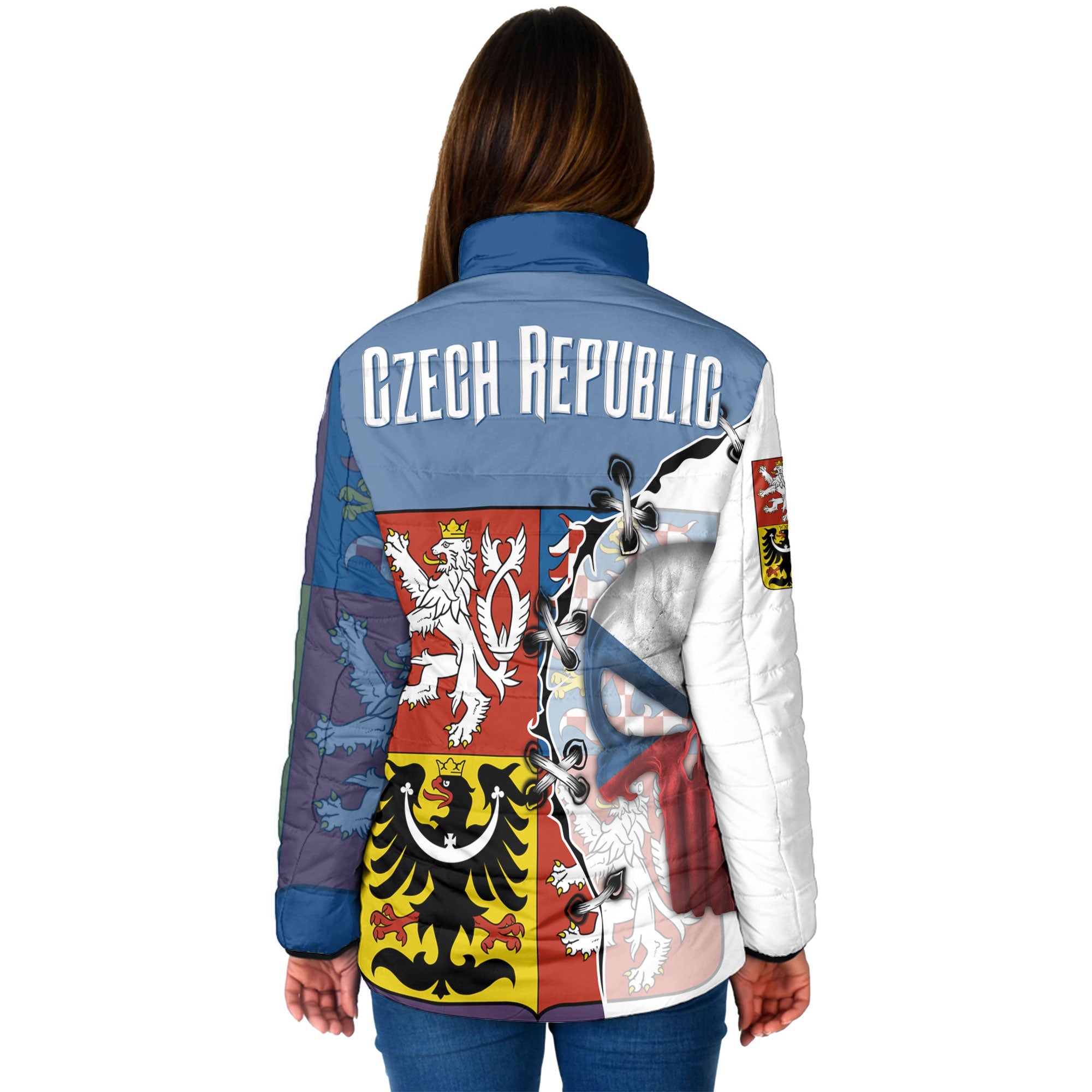 Czech Republic Women Padded Jacket Flag & Coat Of Arms Skull Style