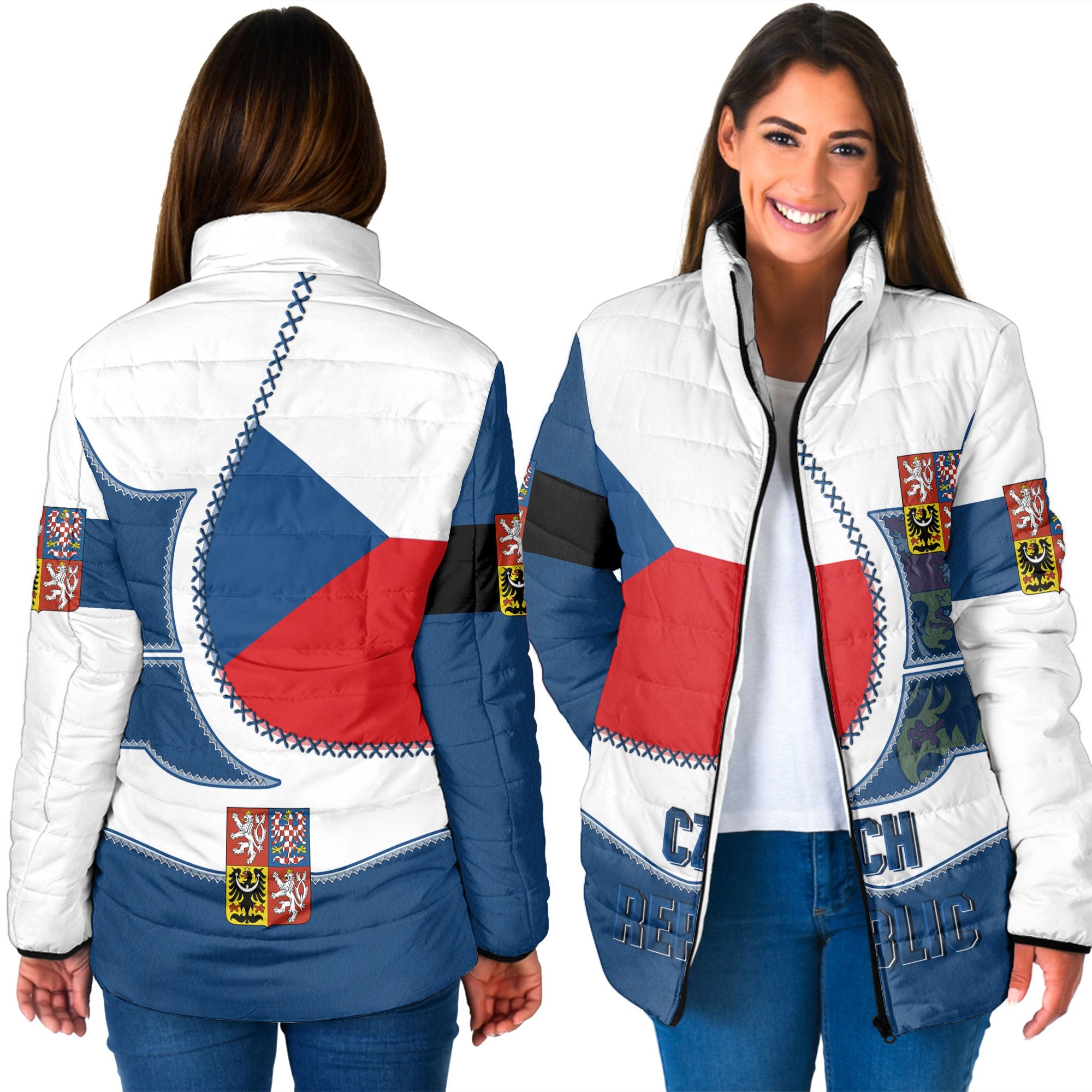 Czech Republic Women Padded Jacket Flag & Coat Of Arms Leather Style