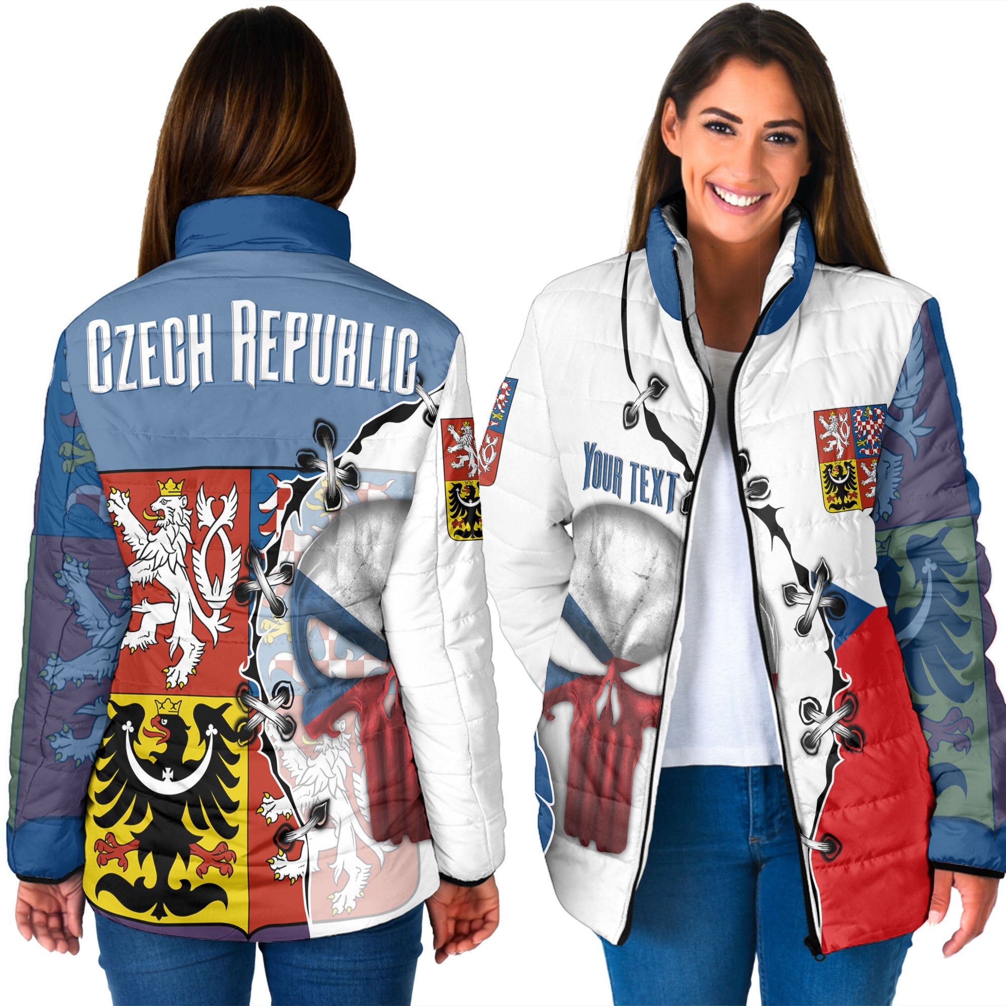 Czech Republic Women Padded Jacket Flag & Coat Of Arms Skull Style