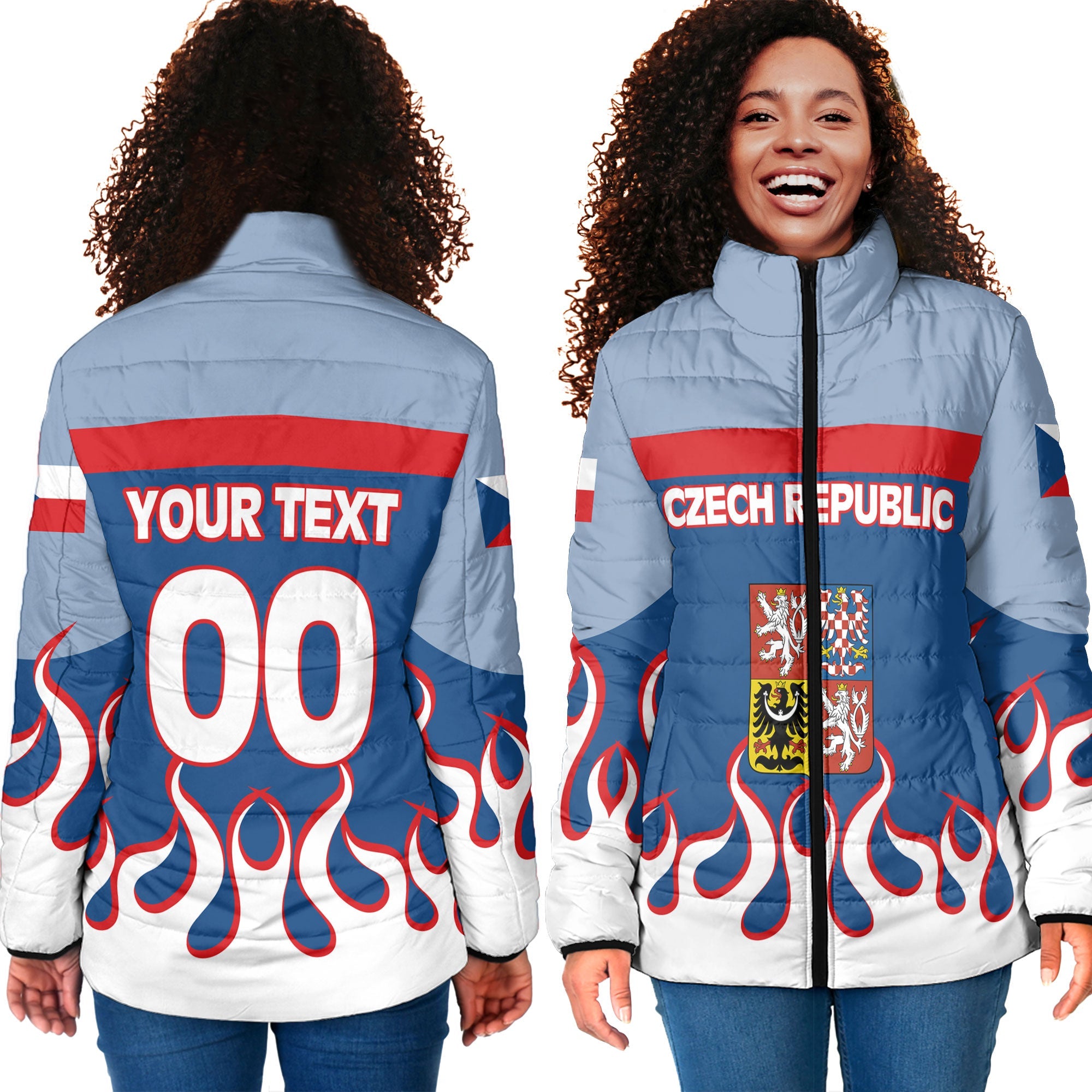 Czech Republic Women Padded Jacket Flag & Coat Of Arms Fire Hockey Style