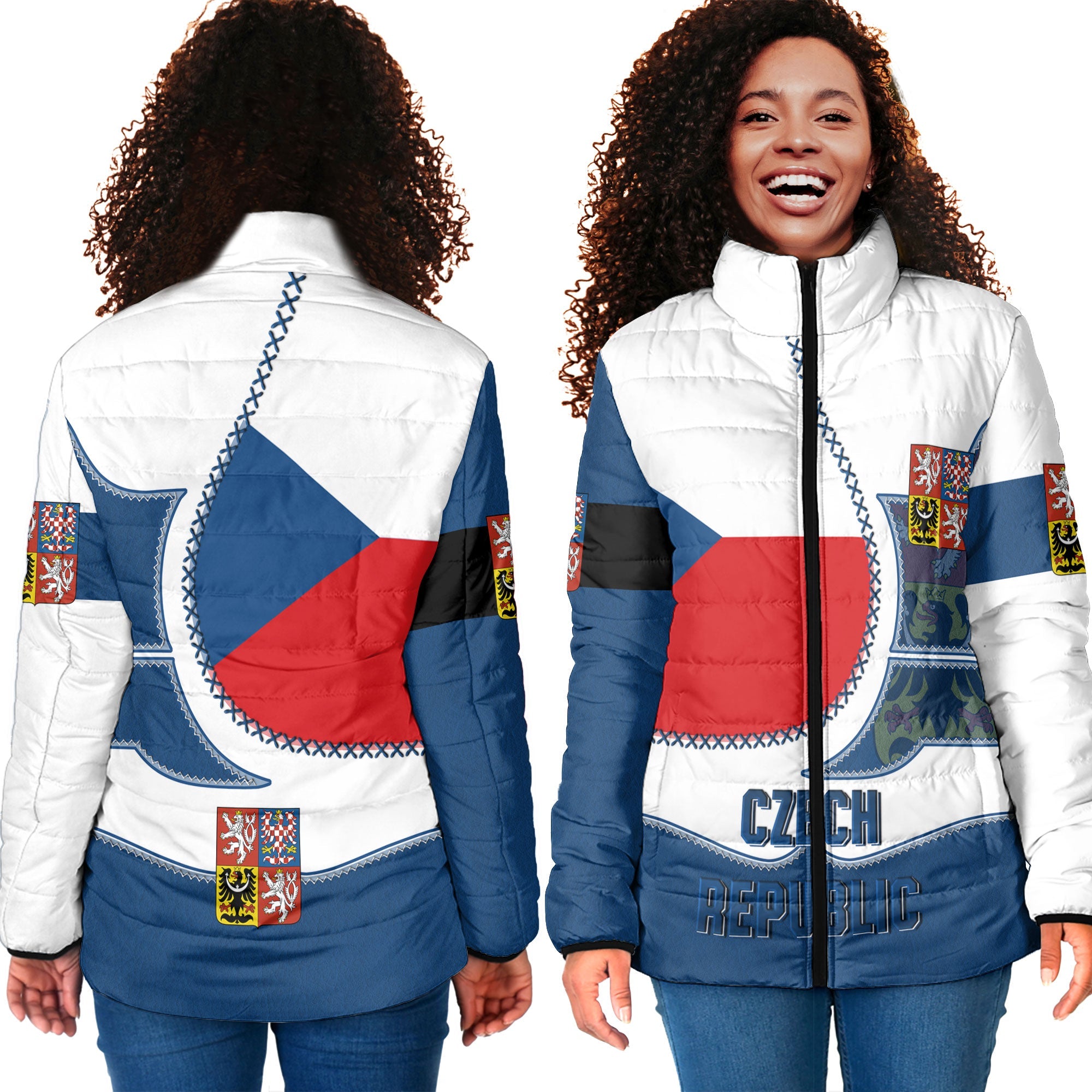 Czech Republic Women Padded Jacket Flag & Coat Of Arms Leather Style