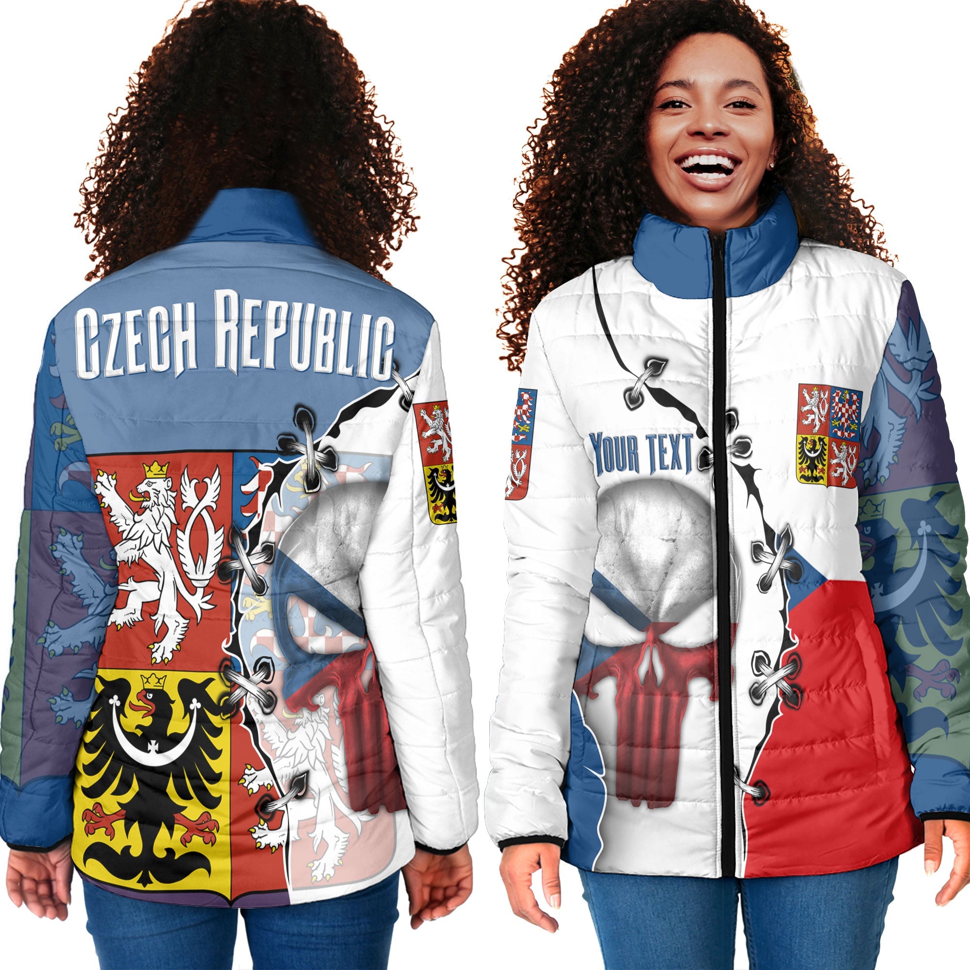 Czech Republic Women Padded Jacket Flag & Coat Of Arms Skull Style