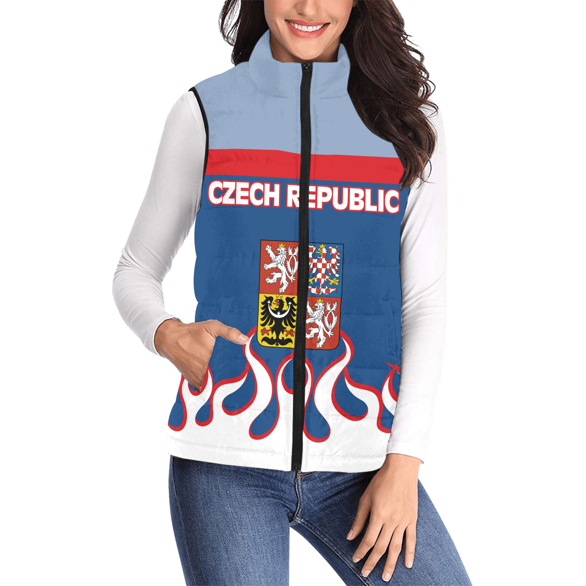 Czech Republic Women Padded Jacket Vest Flag & Coat Of Arms Fire Hockey Style