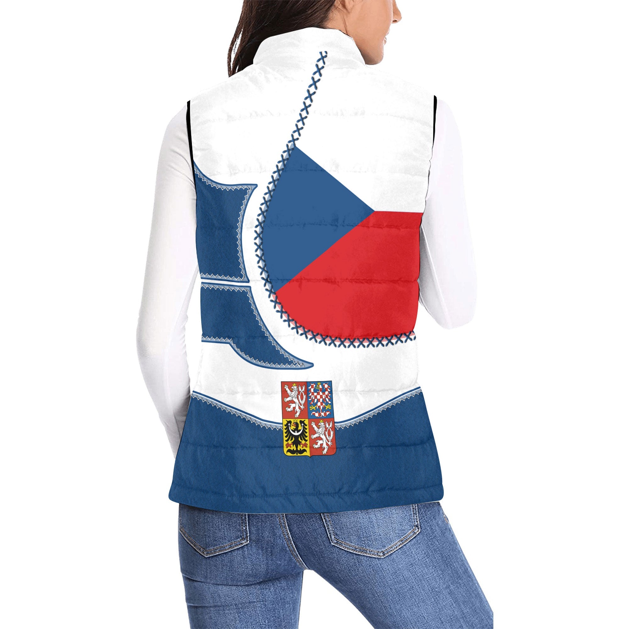 Czech Republic Women Padded Jacket Vest Flag & Coat Of Arms Leather Style