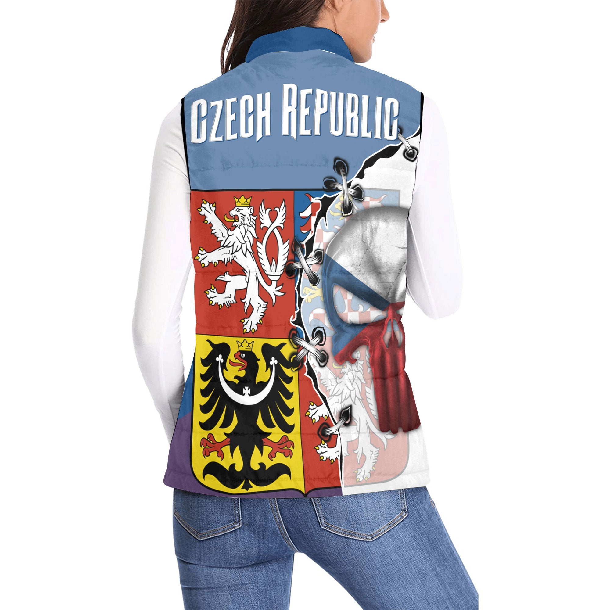 Czech Republic Women Padded Jacket Vest Flag & Coat Of Arms Skull Style