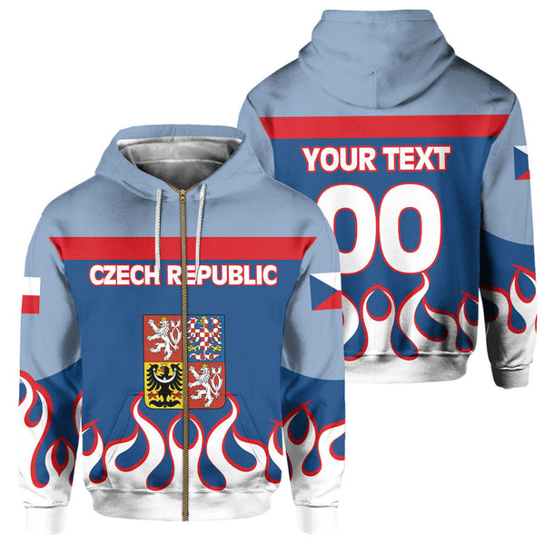 Czech Republic Zip Hoodie Flag & Coat Of Arms Fire Hockey Style