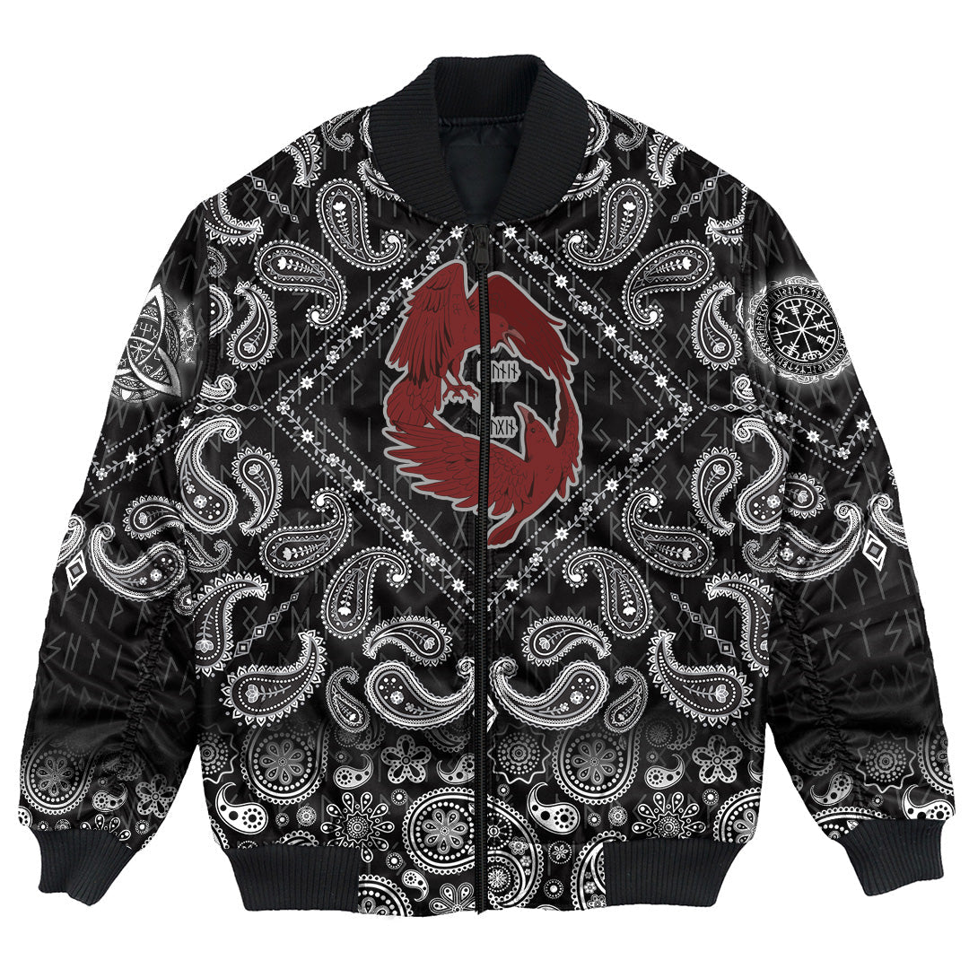 Viking Bomber Jacket Dark Red With Odins Ravens with Bandana Paisley Style