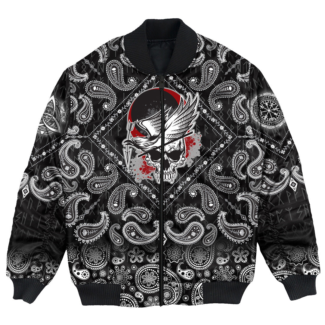 Viking Bomber Jacket Dead Skull With Crow with Bandana Paisley Style