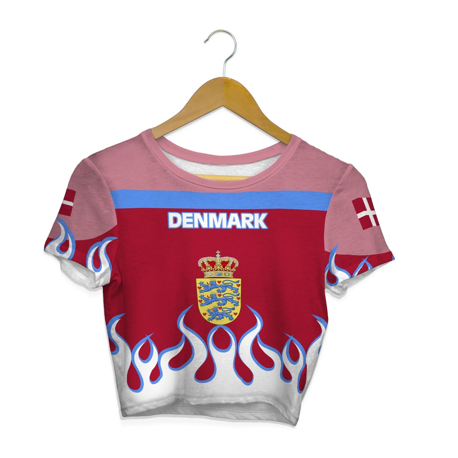 Denmark Crop Top T Shirt Flag & Coat Of Arms Fire Hockey Style