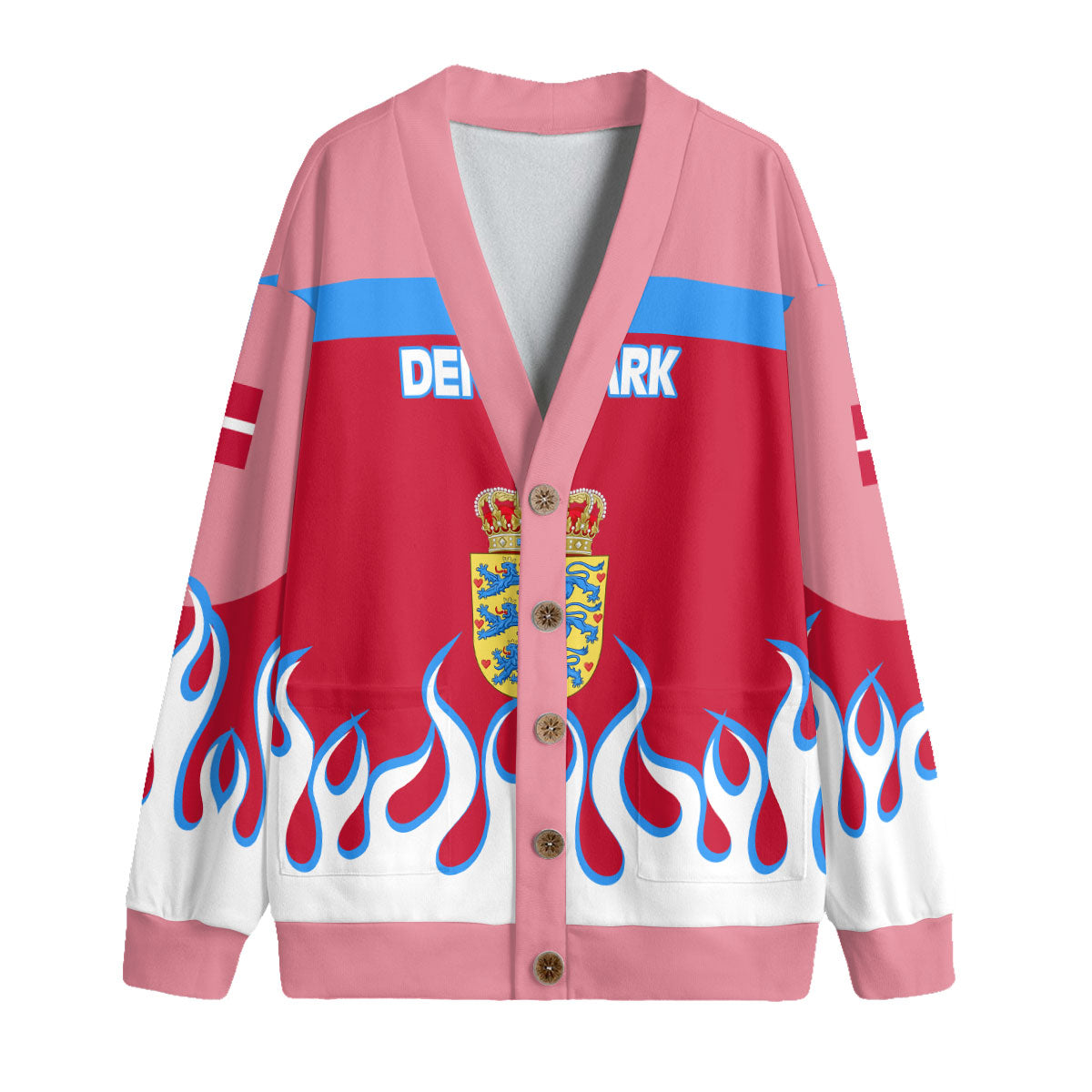 Denmark Fleece Cardigan Flag & Coat Of Arms Fire Hockey Style