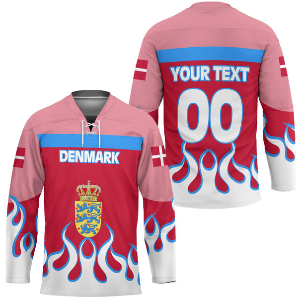 Denmark Hockey Jersey Flag & Coat Of Arms Fire Hockey Style