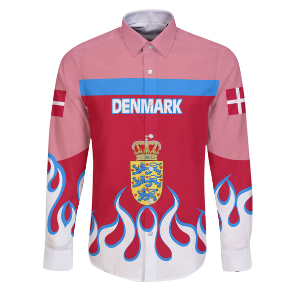 Denmark Long Sleeve Button Shirt Flag & Coat Of Arms Fire Hockey Style