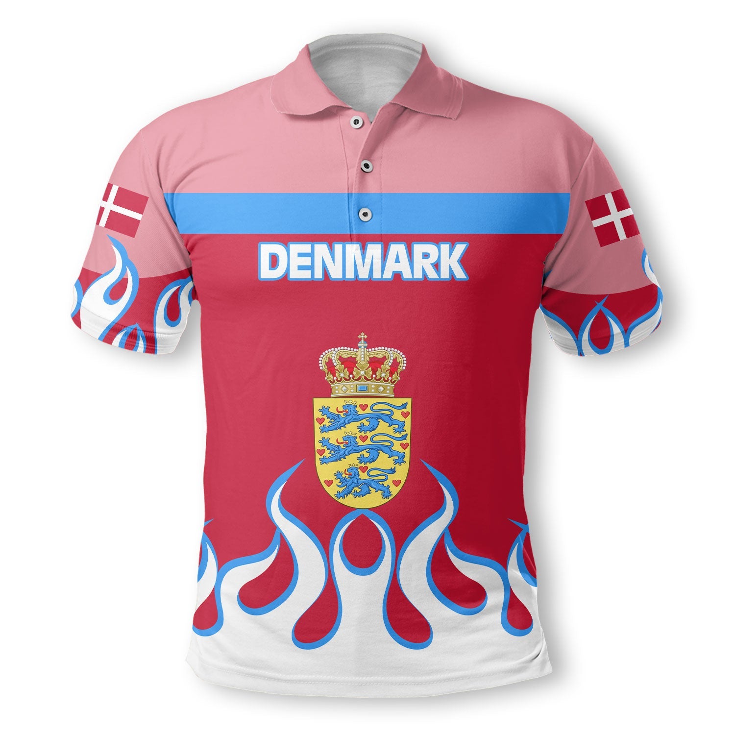 Denmark Polo Shirt Flag & Coat Of Arms Fire Hockey Style