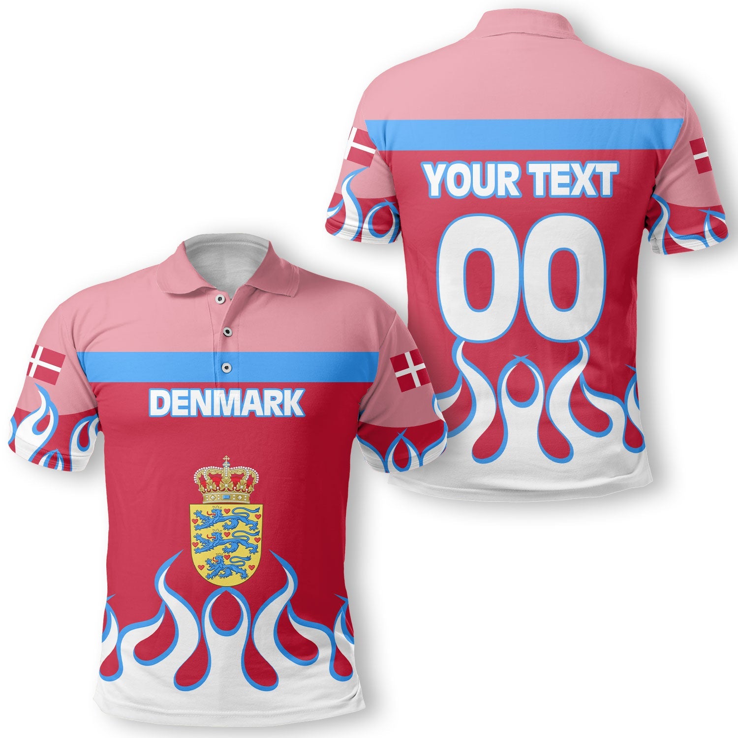 Denmark Polo Shirt Flag & Coat Of Arms Fire Hockey Style