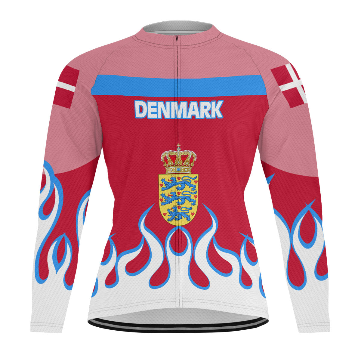 Denmark Men's Cycling Jersey Long Sleeve Flag & Coat Of Arms Fire Hockey Style