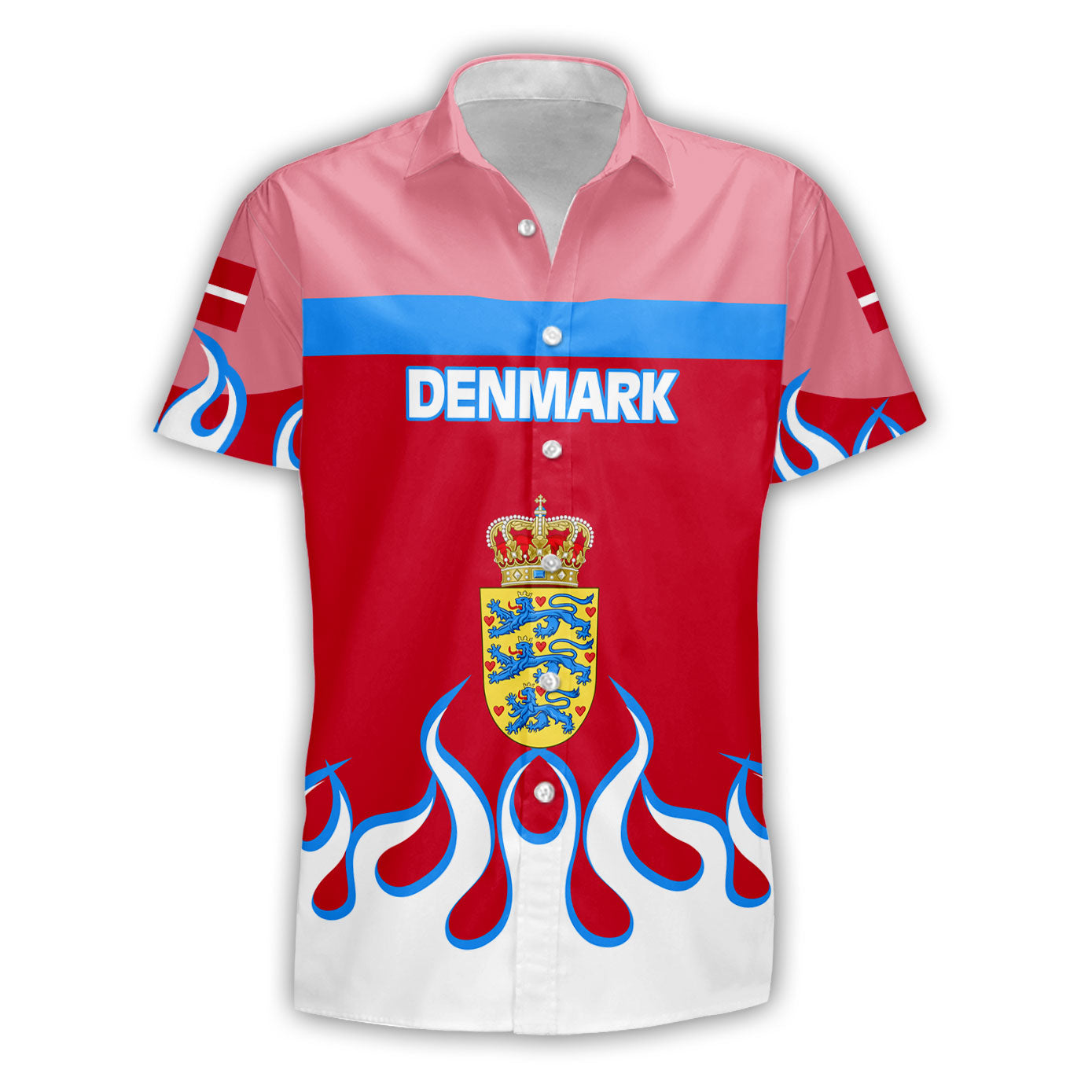 Denmark Short Sleeve Shirt Flag & Coat Of Arms Fire Hockey Style