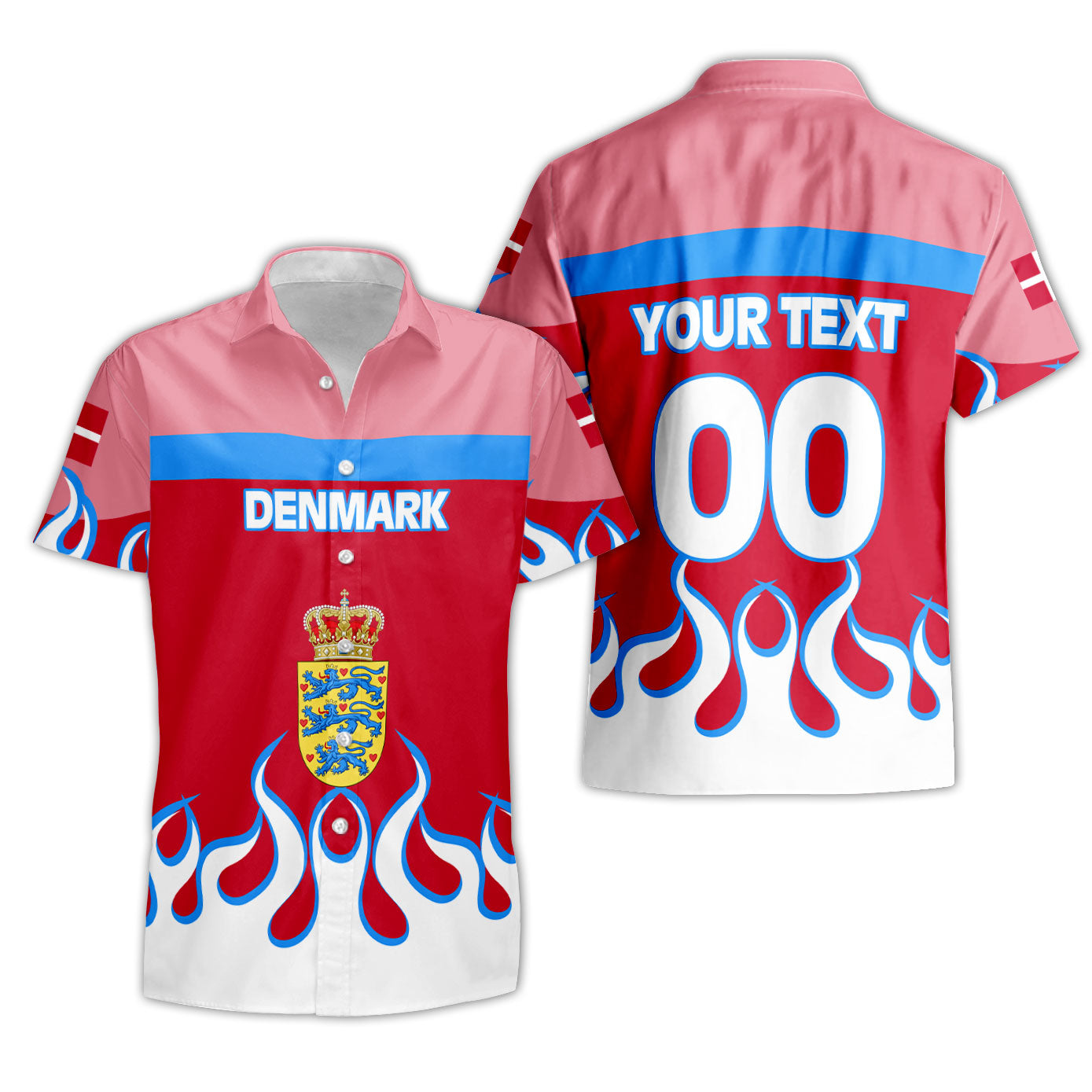 Denmark Short Sleeve Shirt Flag & Coat Of Arms Fire Hockey Style