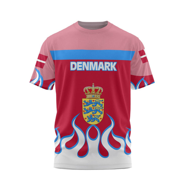 Denmark T Shirt Flag & Coat Of Arms Fire Hockey Style