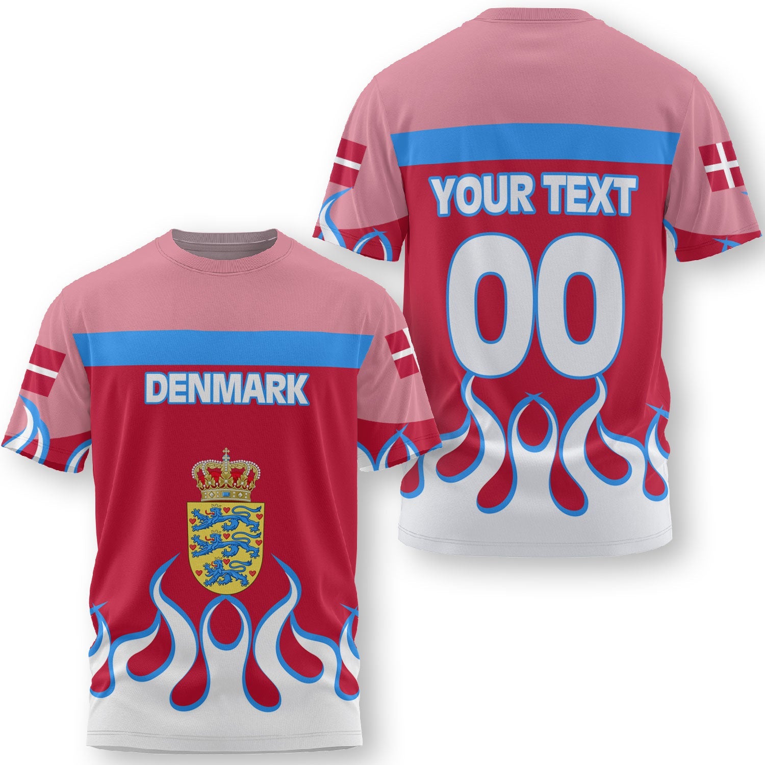 Denmark T Shirt Flag & Coat Of Arms Fire Hockey Style