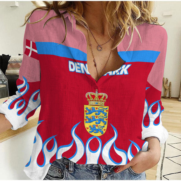 Denmark Women Casual Shirt Flag & Coat Of Arms Fire Hockey Style