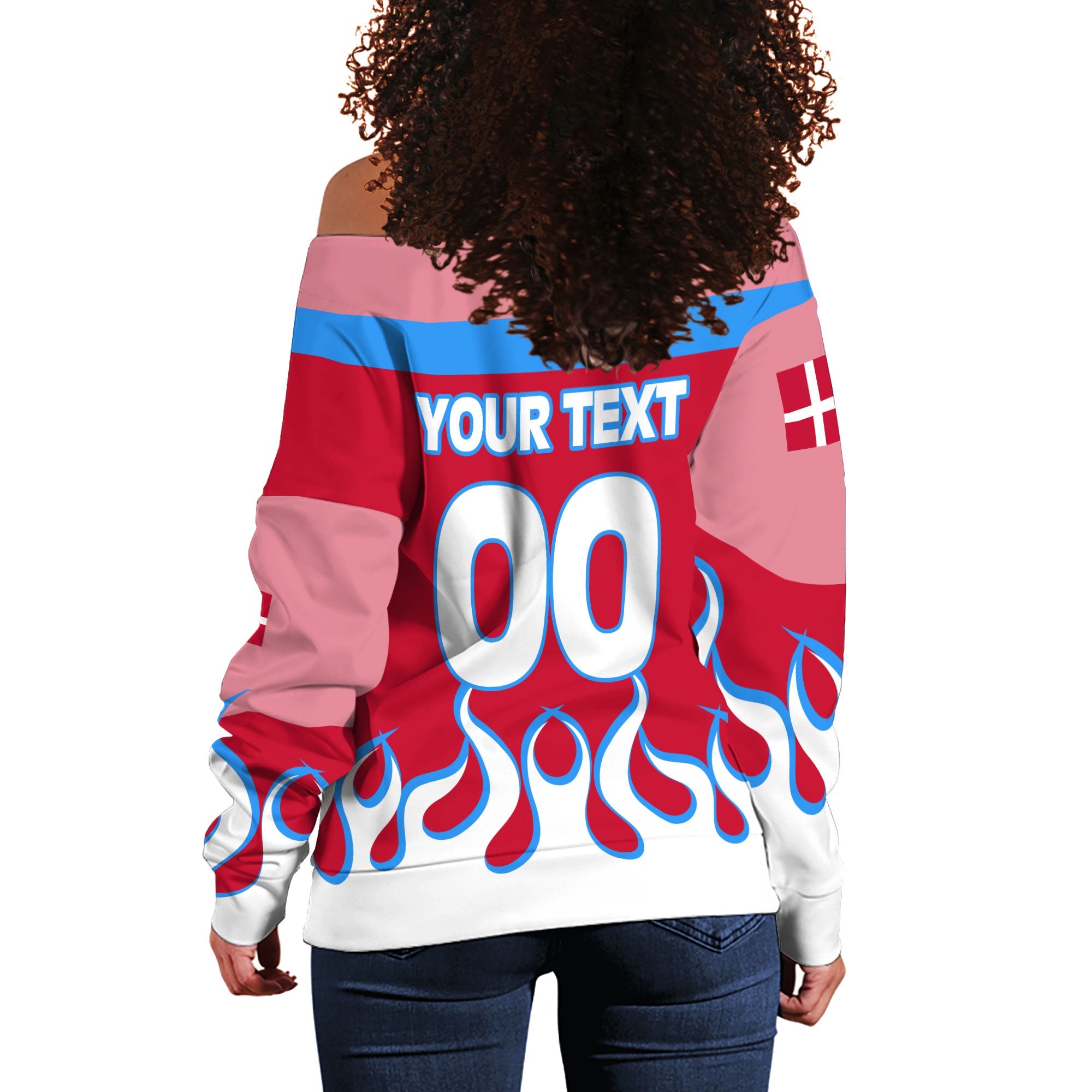 Denmark Women Off Shoulder Sweatshirt Flag & Coat Of Arms Fire Hockey Style