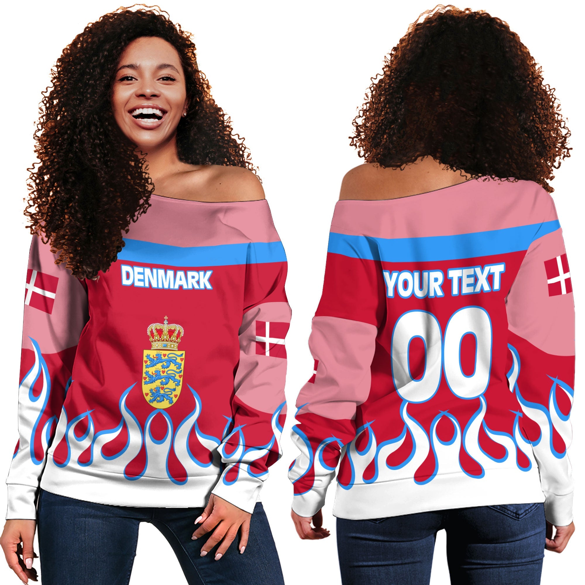 Denmark Women Off Shoulder Sweatshirt Flag & Coat Of Arms Fire Hockey Style