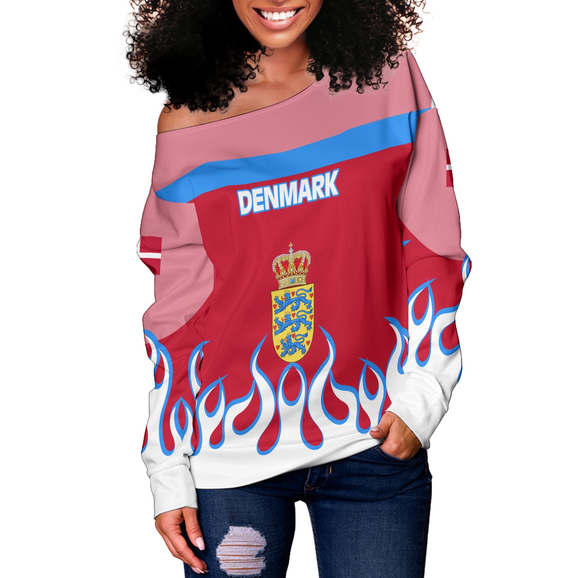 Denmark Women Off Shoulder Sweatshirt Flag & Coat Of Arms Fire Hockey Style