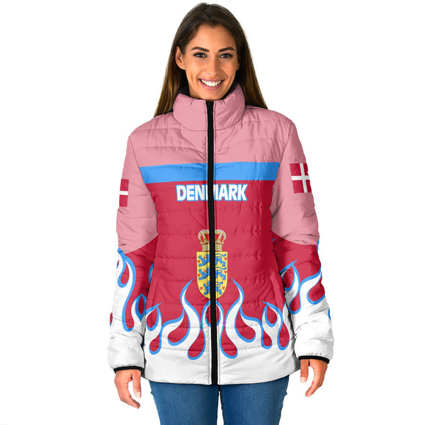 Denmark Women Padded Jacket Flag & Coat Of Arms Fire Hockey Style