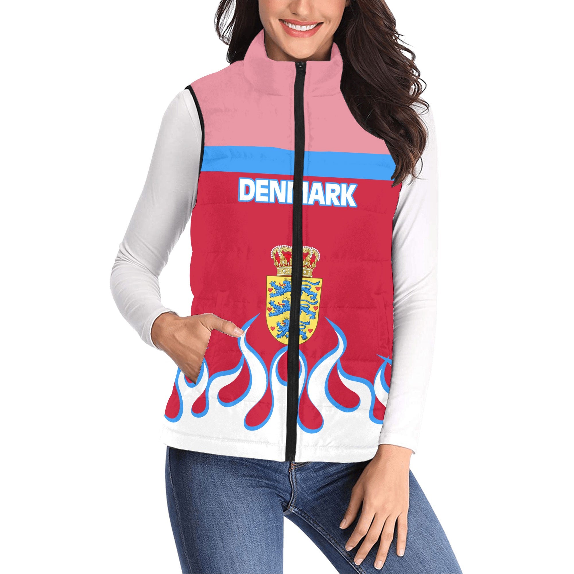 Denmark Women Padded Jacket Vest Flag & Coat Of Arms Fire Hockey Style