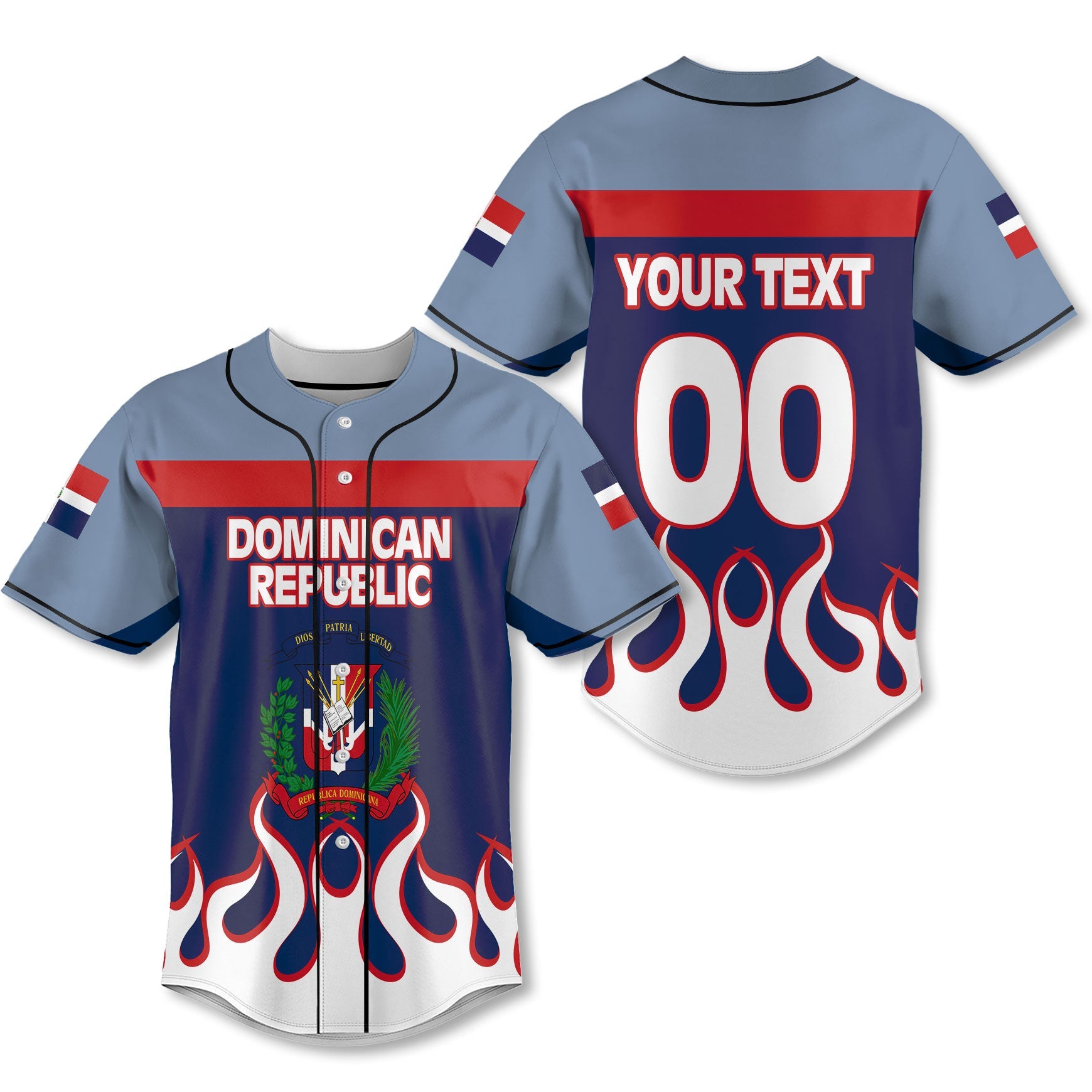 Dominican Republic Baseball Jersey Flag & Coat Of Arms Fire Hockey Style